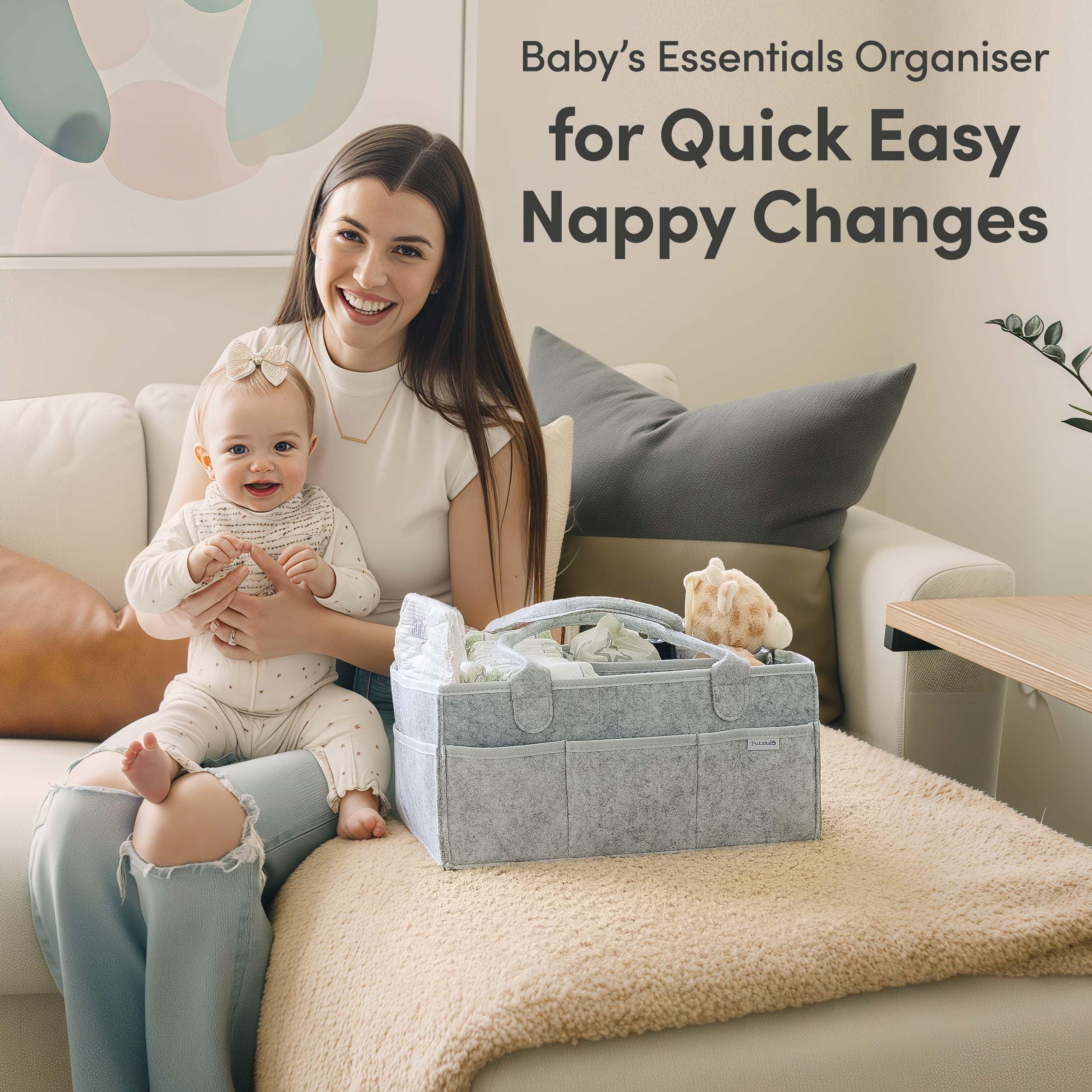 PUTSKA Baby Diaper Caddy Organizer - Nursery Storage Basket for Diaper Station, Baby Basket Shower Gift List and Registry Must-Have, Newborn Essentials, Nursery Decor for Boy or Girl - Grey, Large - 3