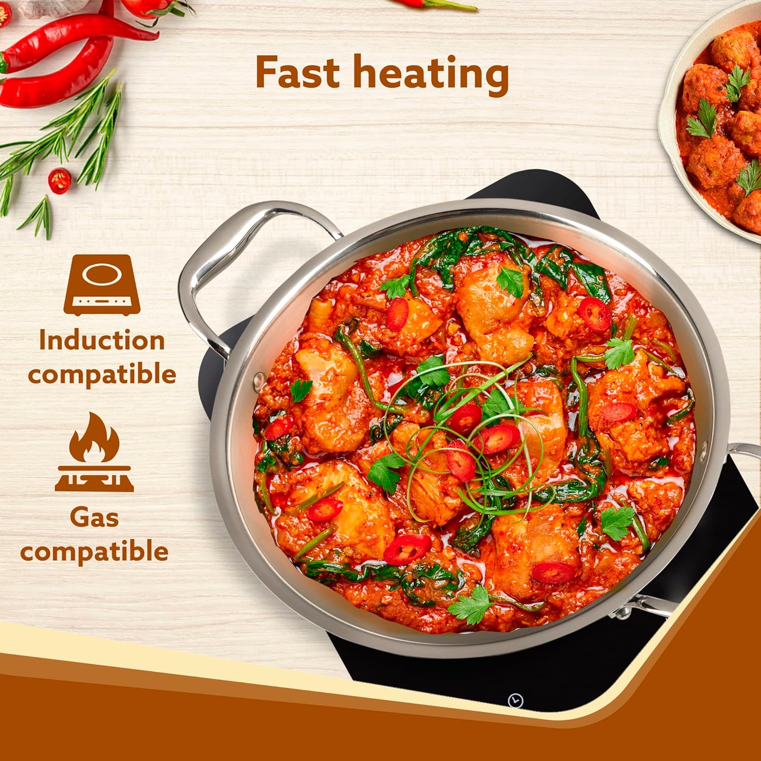 AGARO Regency Tri-Ply Steel Kadai, 2.25L Capacity, 24 cm Diameter, Stainless Steel, Riveted Handle, Food Safe, Gas Oven and Induction Oven Compatible, Cooking, Frying, Serving, Silver