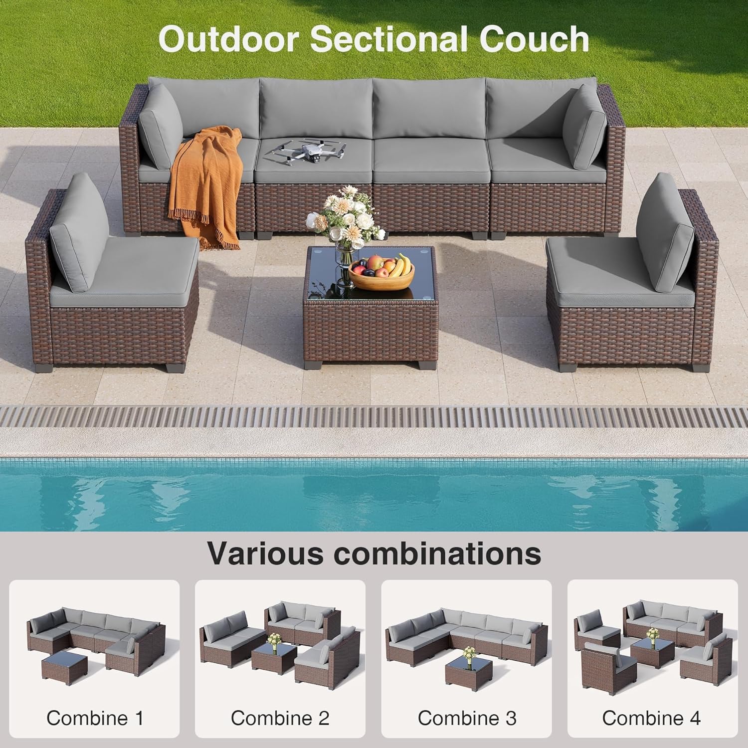Patio Furniture Sets 7 Pieces Outdoor Sectional Rattan Sofa Manual Weaving Wicker Patio Conversation Set with Glass Table and Cushion for Backyard Porch Balcony Poolside(Gray)