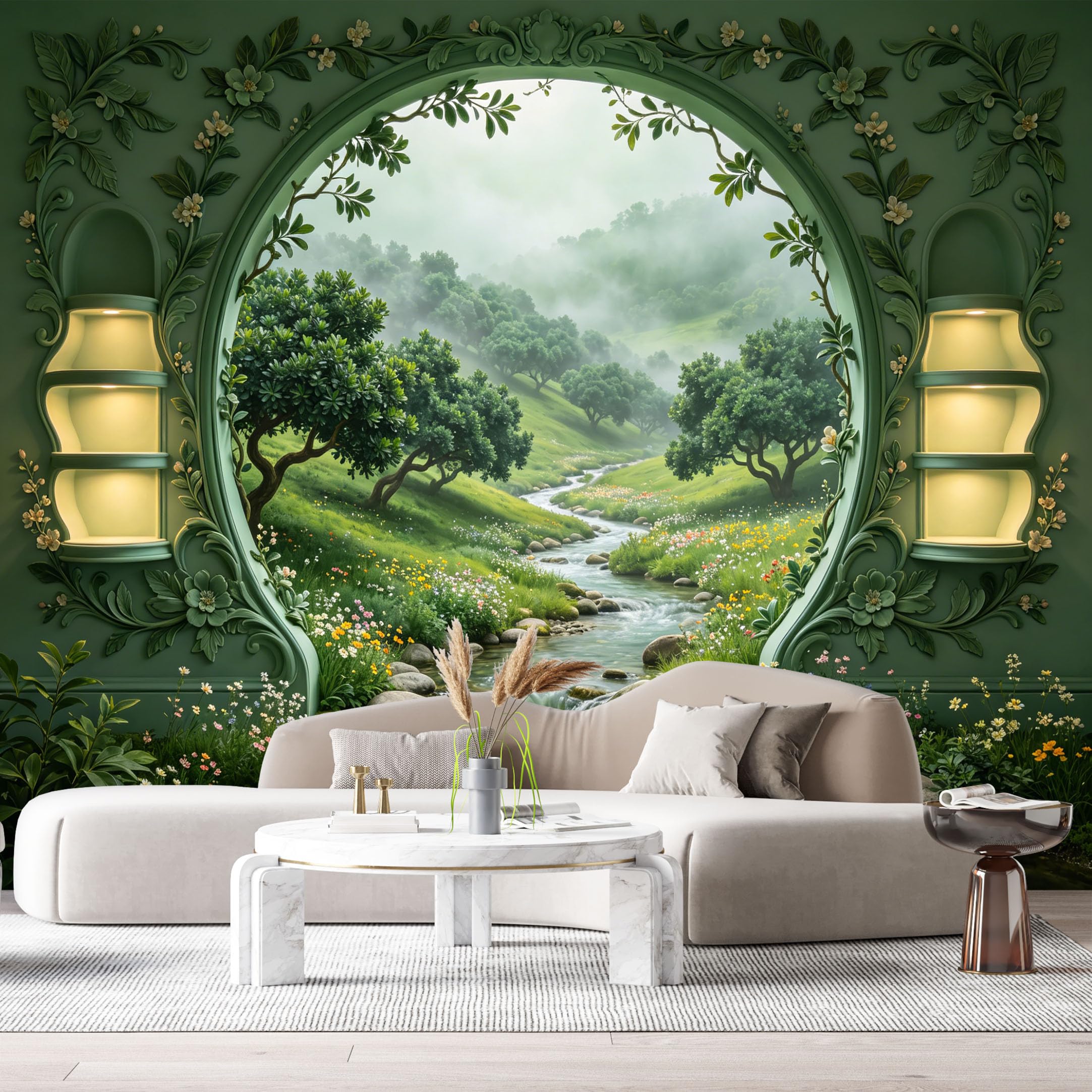 Custom Size Wall Murals Misty Forest Stream Landscape 3D Trompe L'Oeil SelfAdhesiveWall Fabric Removable Wallpaper Wall Decor for Living Room Bedroom Bathroom