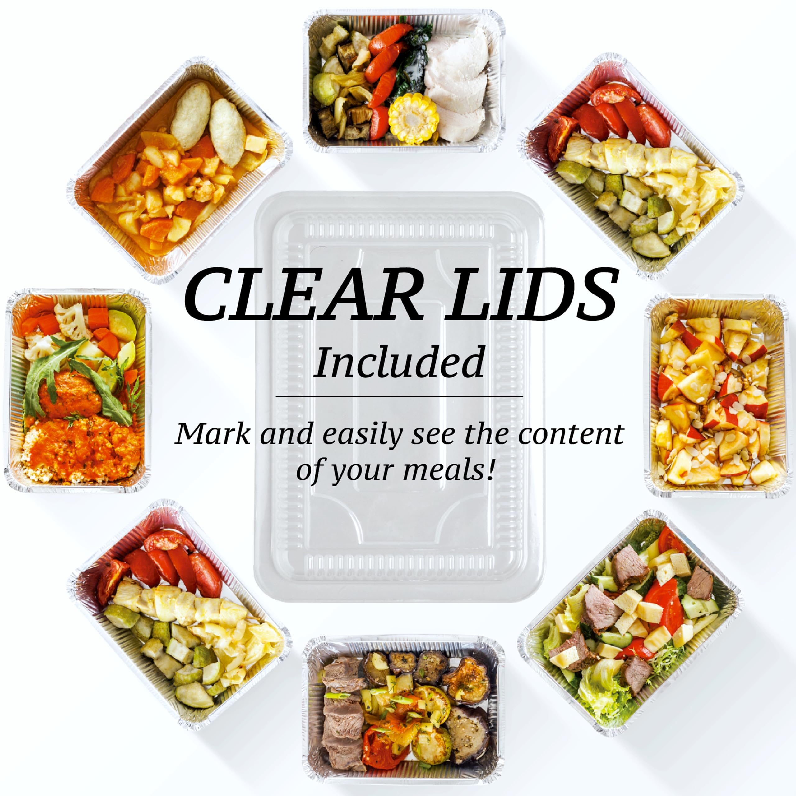 Spare Essentials Recipientes de aluminio de 2.2 libras con tapas de 8.5 x 6 pulgadas, sartenes desechables para llevar, hornear, congelar, almacenar alimentos, sartenes de aluminio, recipientes para
