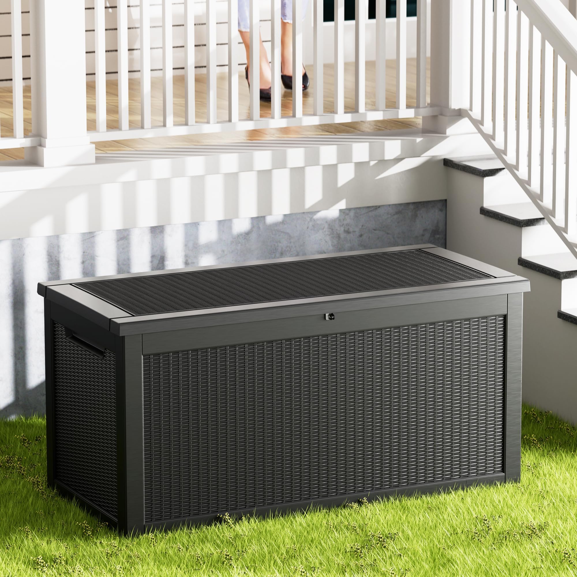320GAL Black High - End Wicker - Textured Outdoor Deck Box with Lock Hole - Waterproof，SGS - Certified UV Protection，Elegant Storage for Seasonal Patio Decor and Luxury Outdoor Cushions