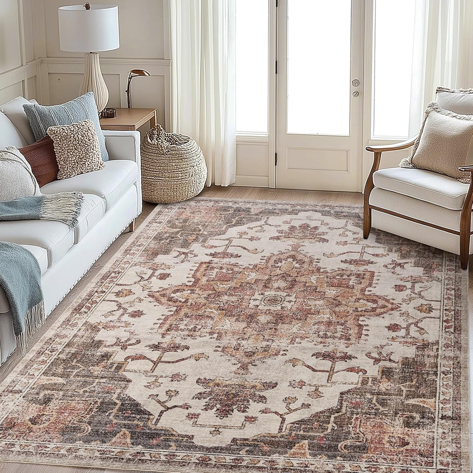 Tapis de couloir oriental beige résistant aux taches et facile à nettoyer