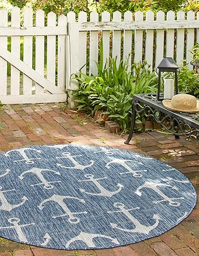 Miniatura 3 de Unique Loom - Alfombra redonda de la colección Outdoor Coastal, estilo Ahoy (5pies 3pulgadas, azulmarfil)