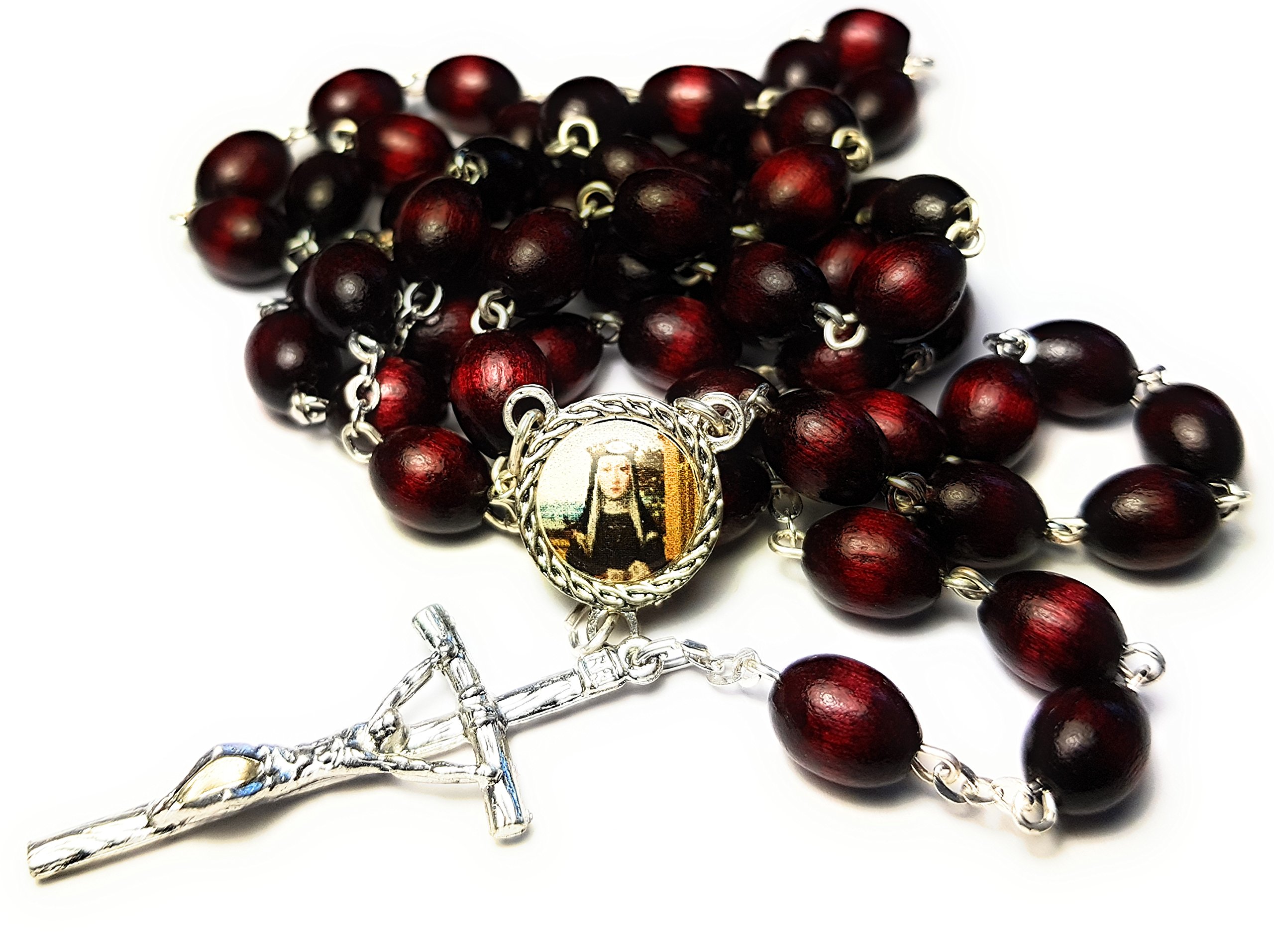 3rd Class relic Rosary of Saint Catherine of Bologna Patron of Bologna Against Temptations Artists Liberal Arts Catalina de Bolonia Patron de Artistas, artes liberales (Cherry)