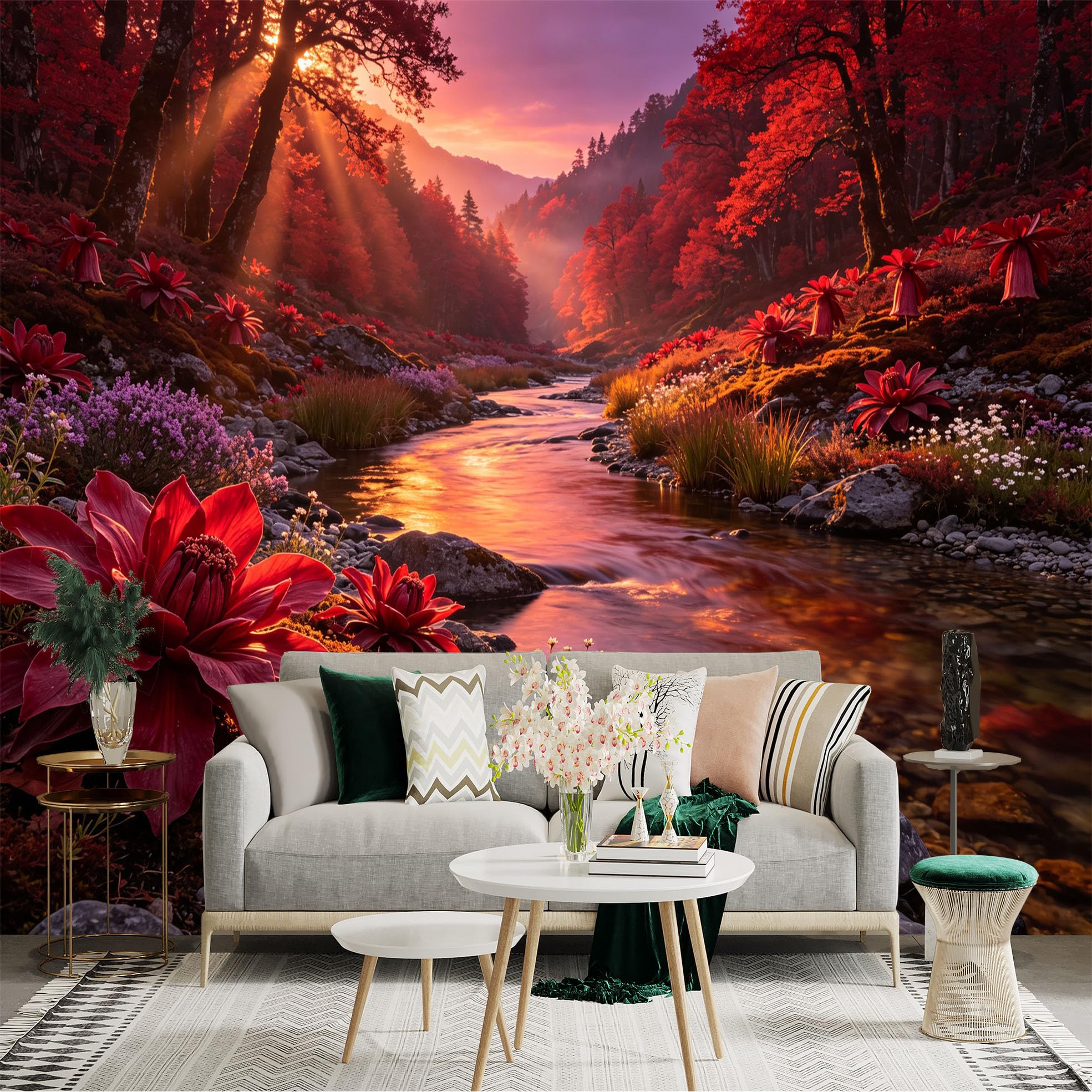 Lnzczhyre Bh260719668 Custom Size Wall Sticker Mural， Enchanted Autumn River， Red Vibrant Foliage， Serene Forest Stream， Sunset Landscape， For Wall Decoration， Peelandstick Wall Decals.