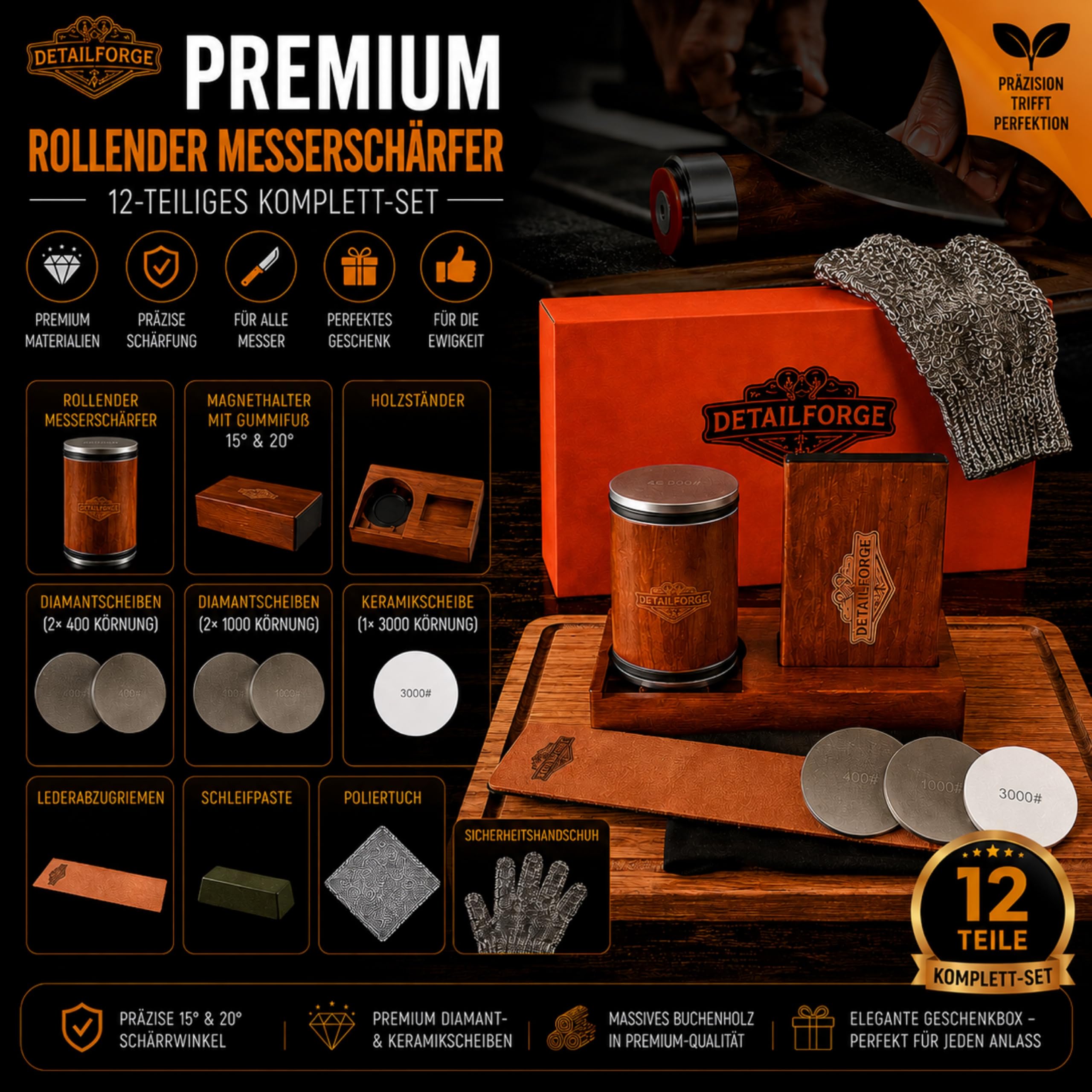 12-teiliges Premium Messerschärfer Set 2026, Buchenholz, Rollschleifer, Rollenschleifer, Knife Sharpener, Wetzstein