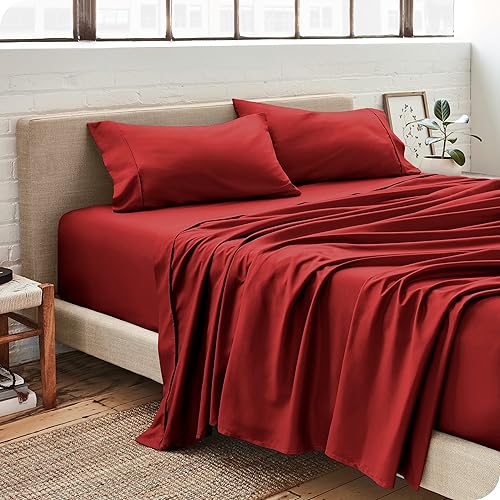 Bare Home Full XL Sheet Set - Luxury 1800 Ultra-Soft Microfiber Full Extra Long Bed Sheets - Double Brushed - Deep Pockets - Easy Fit - 4 Piece Set - Bedding Sheets & Pillowcases (Full XL, Red)