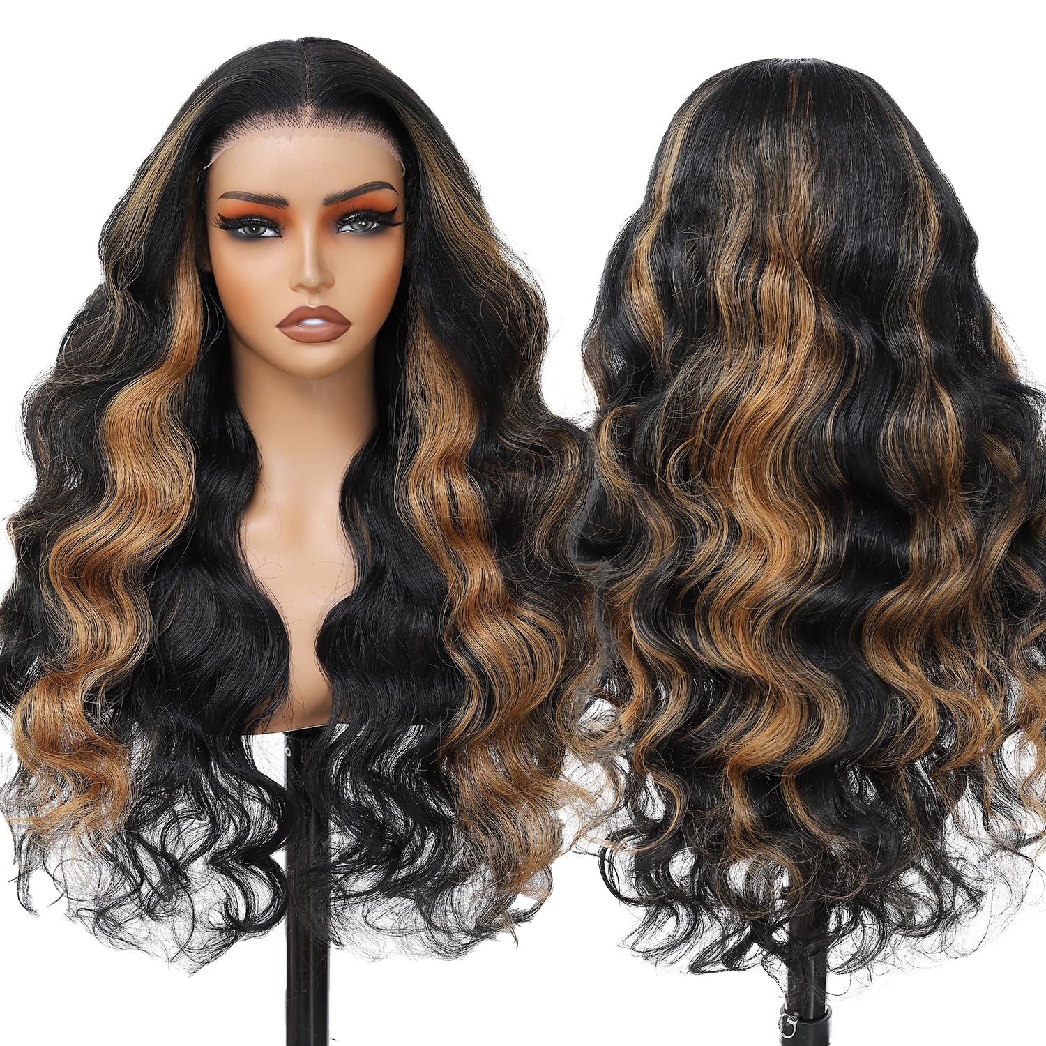 5x5 Lace Front Wig Glueless Synthetic Wig 26 Inch 1B/27 Highlights Body Wave Wig for Women HD Hand-Tied Pre Cut Lace Beginner Friendly Natural Hairline Scalp Look