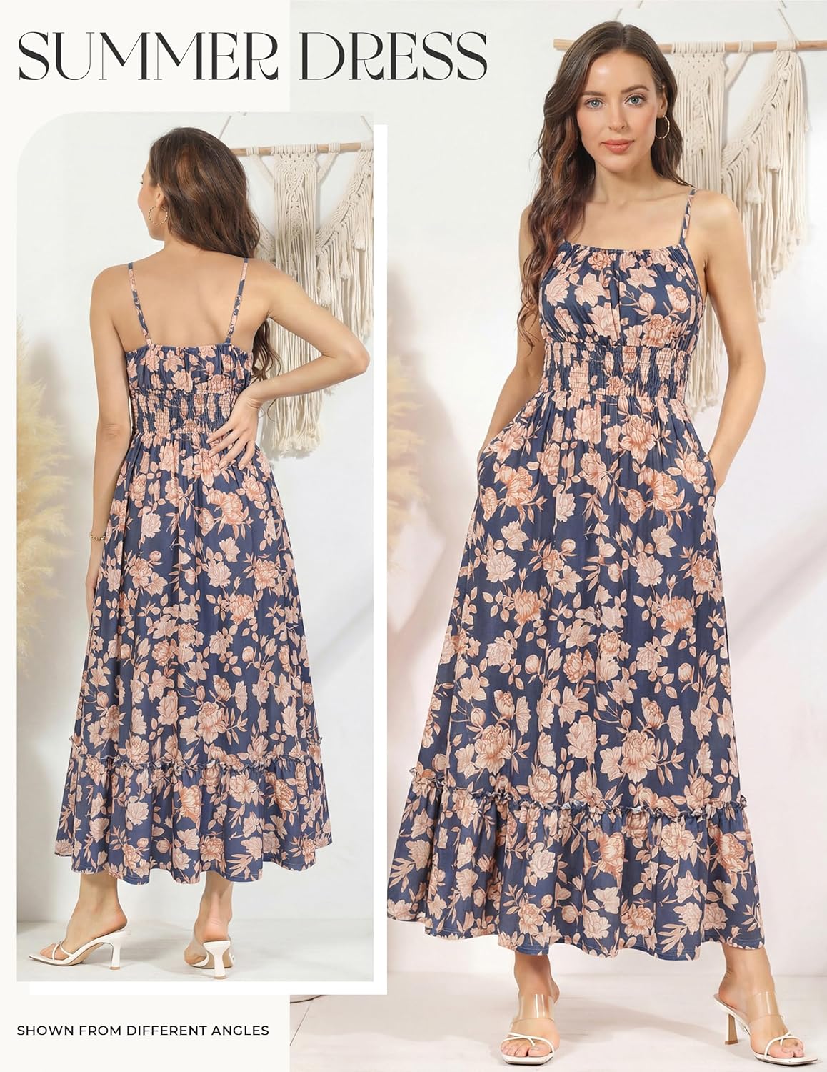 GRACE KARIN Summer Dresses for Women 2026 Vacation,Smocked Floral Maxi Dress,Boho Beach Sundress with Pocket Fashion Clothing