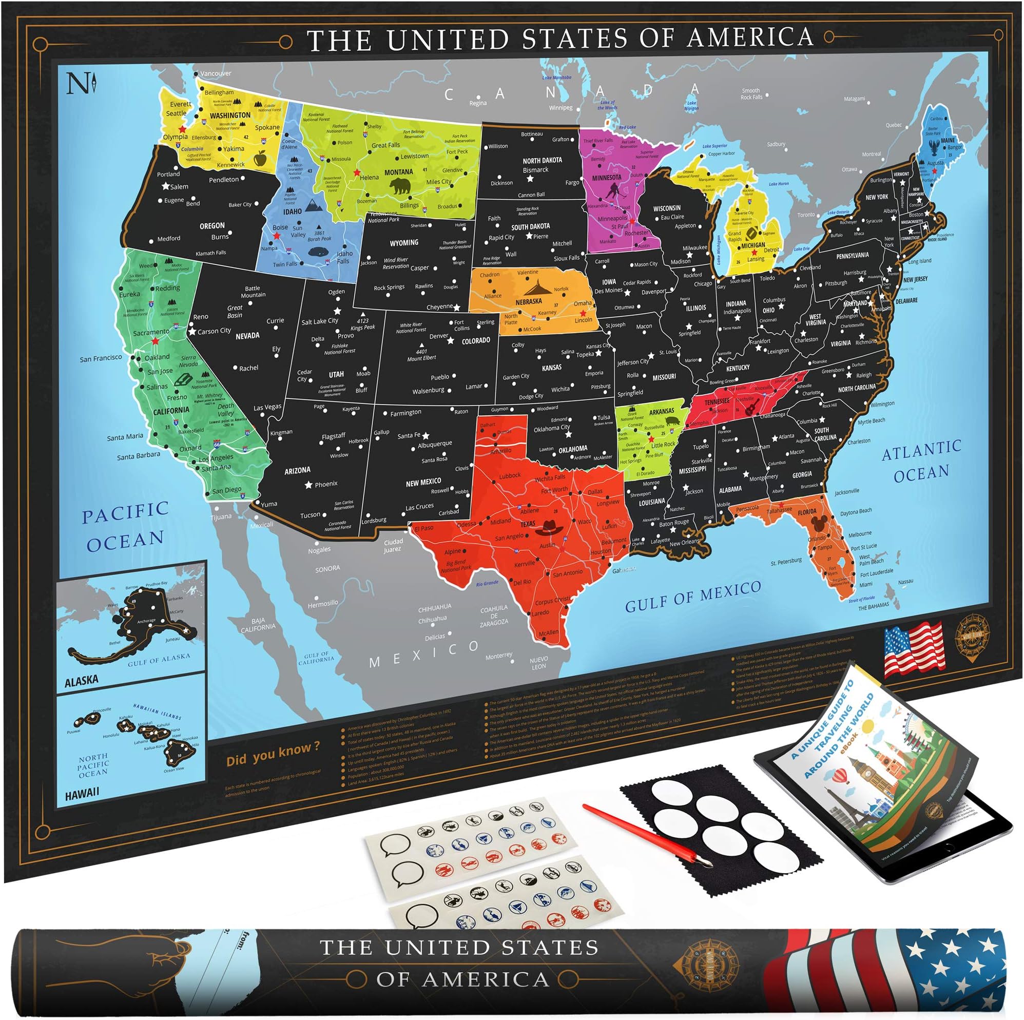 Premium Scratch Off USA Map | Unique Wall Map Poster | Deluxe Gift for Travelers & Travel Tracking | Bonus Adhesive & Memory Stickers + Scratching Tool + Wiping Cloth + Traveling eBook