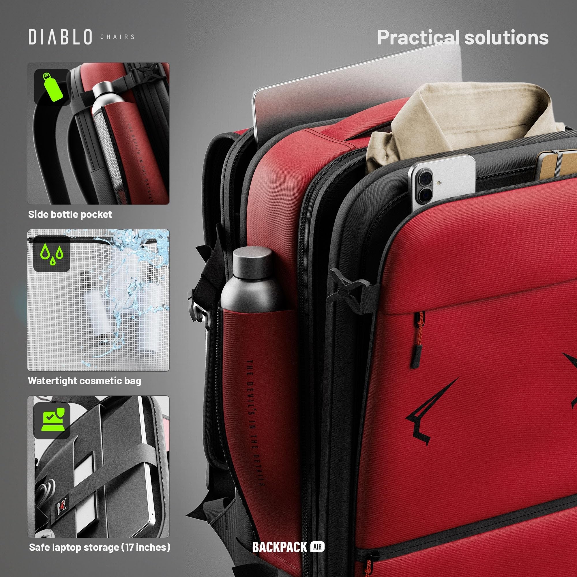 Diablo Chairs Plecak Próżniowy Backpack Air Wodoodporny Plecak Podróżny z Komorą Próżniową Rozszerzającą Pojemność Antywłamaniowy Zamek Kieszeń na Laptopa 32x52x18 cm Czerwony