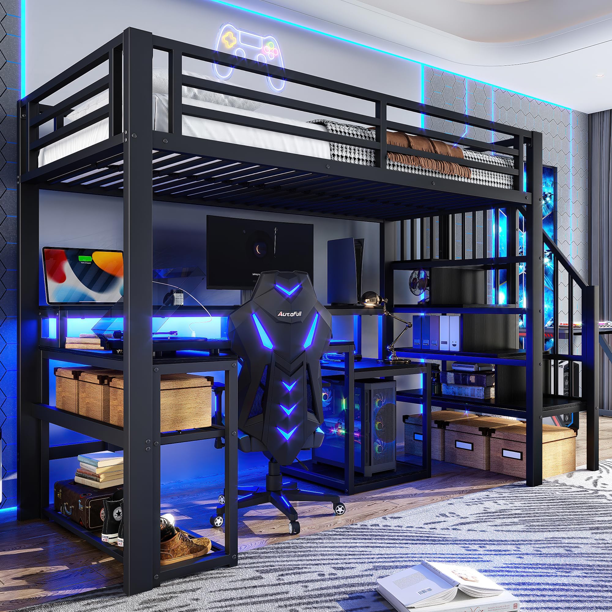 Lubvtti Letto a soppalco in ferro 90 x 200 con luminosa a LED,scrivania,porta USB,vano contenitore,scala con spazio contenitore,letto a castello per bambini,struttura letto per bambini,Nero