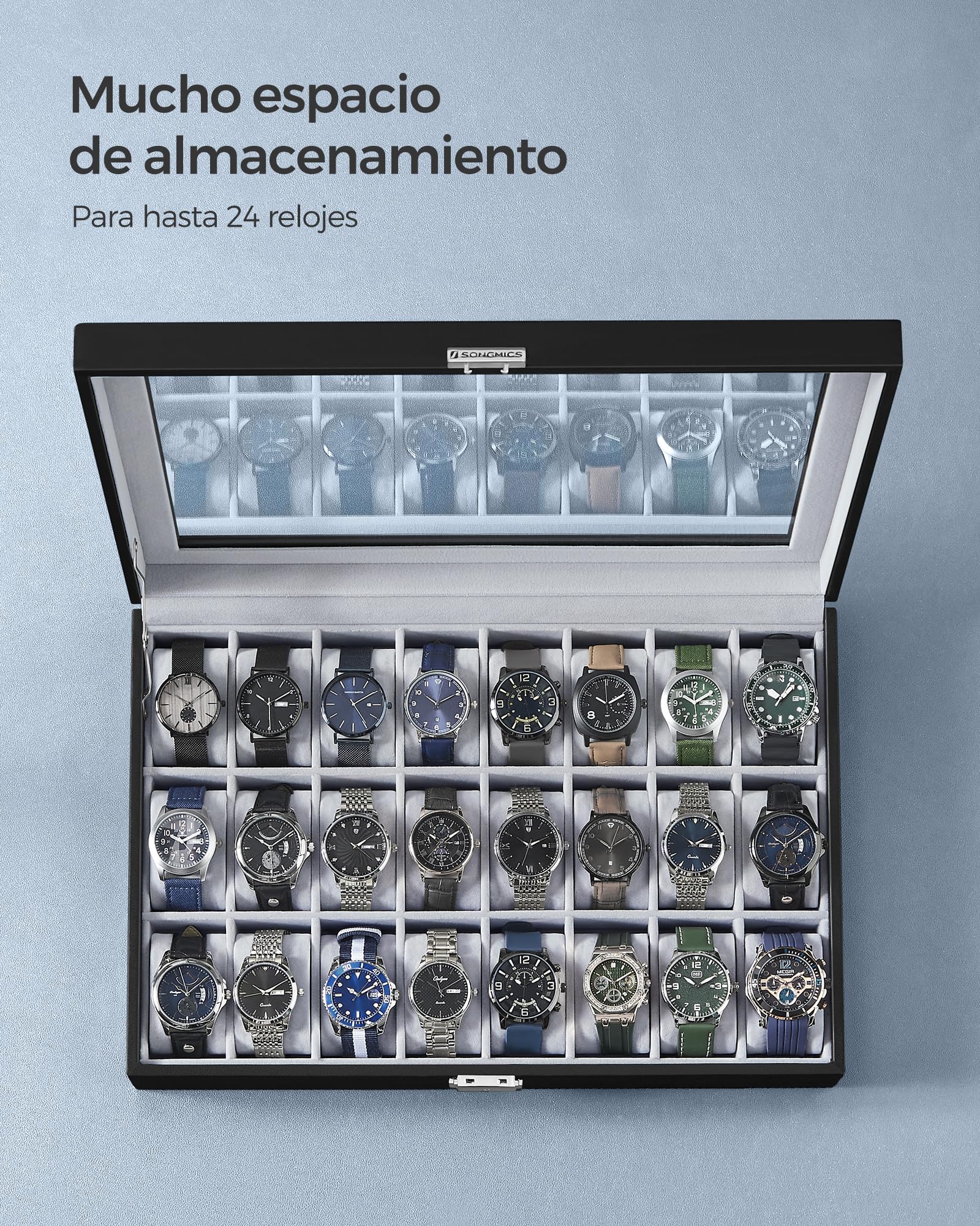 SONGMICS Caja de Relojes, Estuche de Relojes con Cierre, con 24 Ranuras, Tapa de Cristal, Regalo para Seres Queridos, Cuero Sintético, Forro Gris y Superficie Negro Tinta JWB024