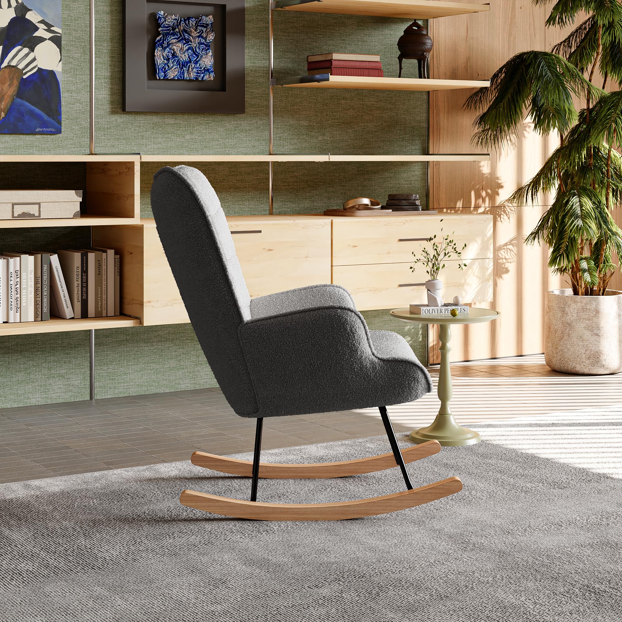 MEXUS Fauteuil à Bascule d'allaitement Teddy, revêtement Velours, Pieds en Bois Massif, avec accoudoirs, pour Salon, Chambre, Balcon.-75 x 68 x 92 cm (T x B x H) (Gris foncé)