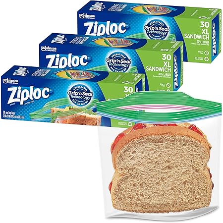 Ziploc Sandwich and Snack Bags for On the Go Freshness, Grip 'n Seal Technology for Easier Grip, Open, and Close, 30 Count, Pack of 3 (90 Total Bags)