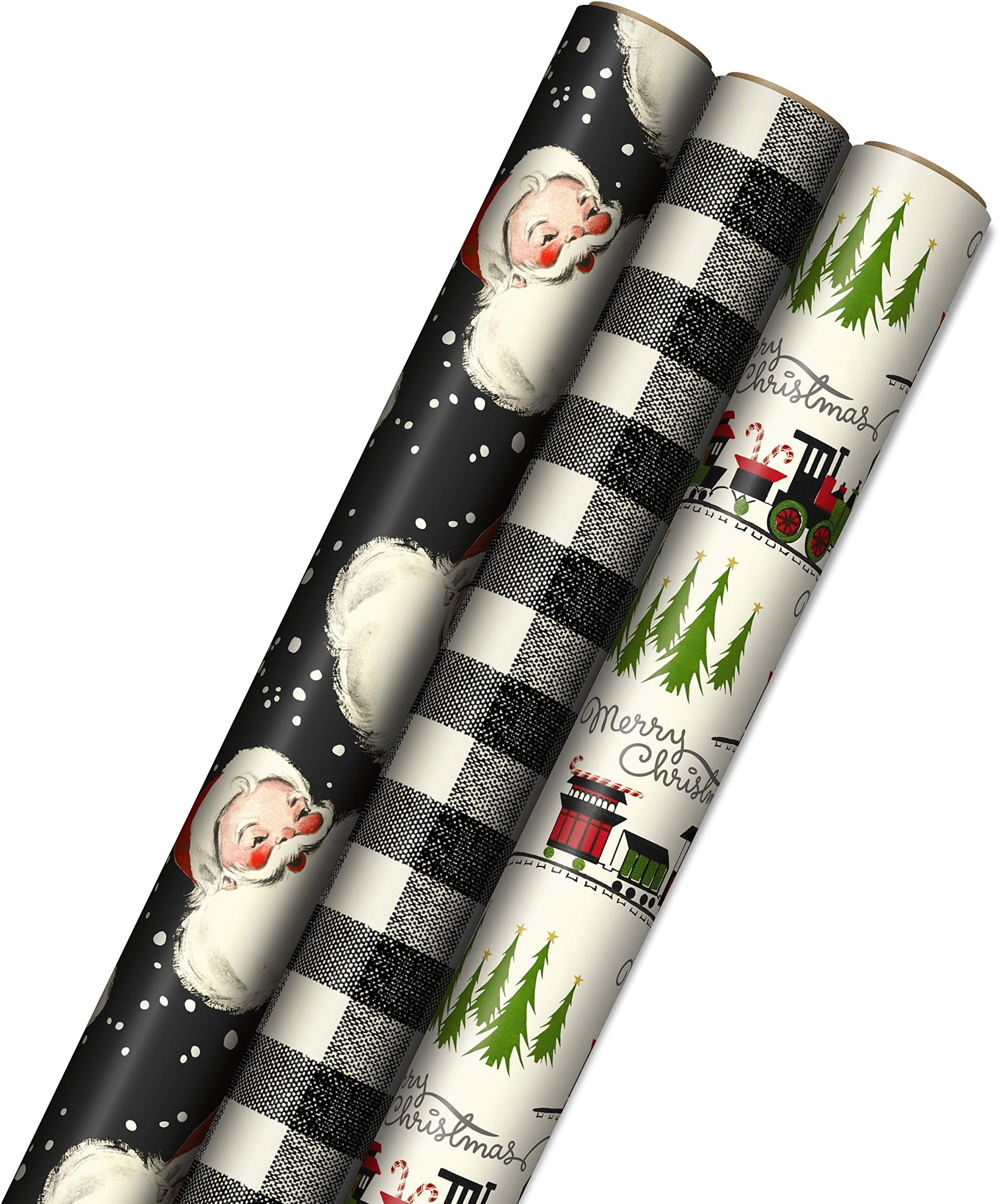 Black Christmas Wrapping Paper with Cut Lines on Reverse (3 Rolls: 120 sq. ft. ttl) Retro Santa, Black and White Buffalo Plaid, Train and Trees (0005JXW1077)