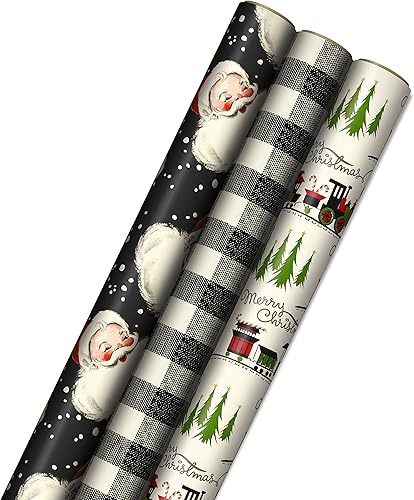 Hallmark Papel de regalo de Navidad negro con líneas de corte en el reverso (3 rollos 120 pies cuadrados ttl) Papá Noel retro, cuadros de búfalo