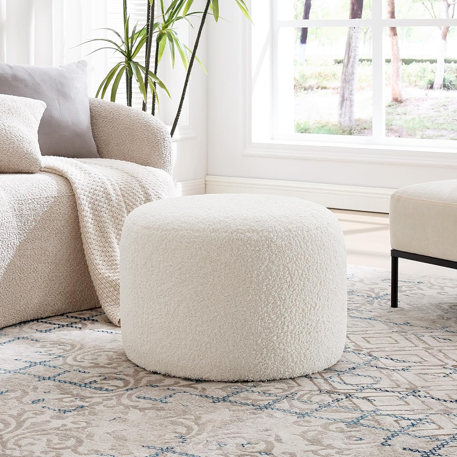 Upholstered Round Ottoman, Modern Small Footstool with Soft Padded Seat & Solid Wood Frame, Multifunctional Vanity Stool Accent Seat for Living Room, Bedroom and Entryway, White Sherpa