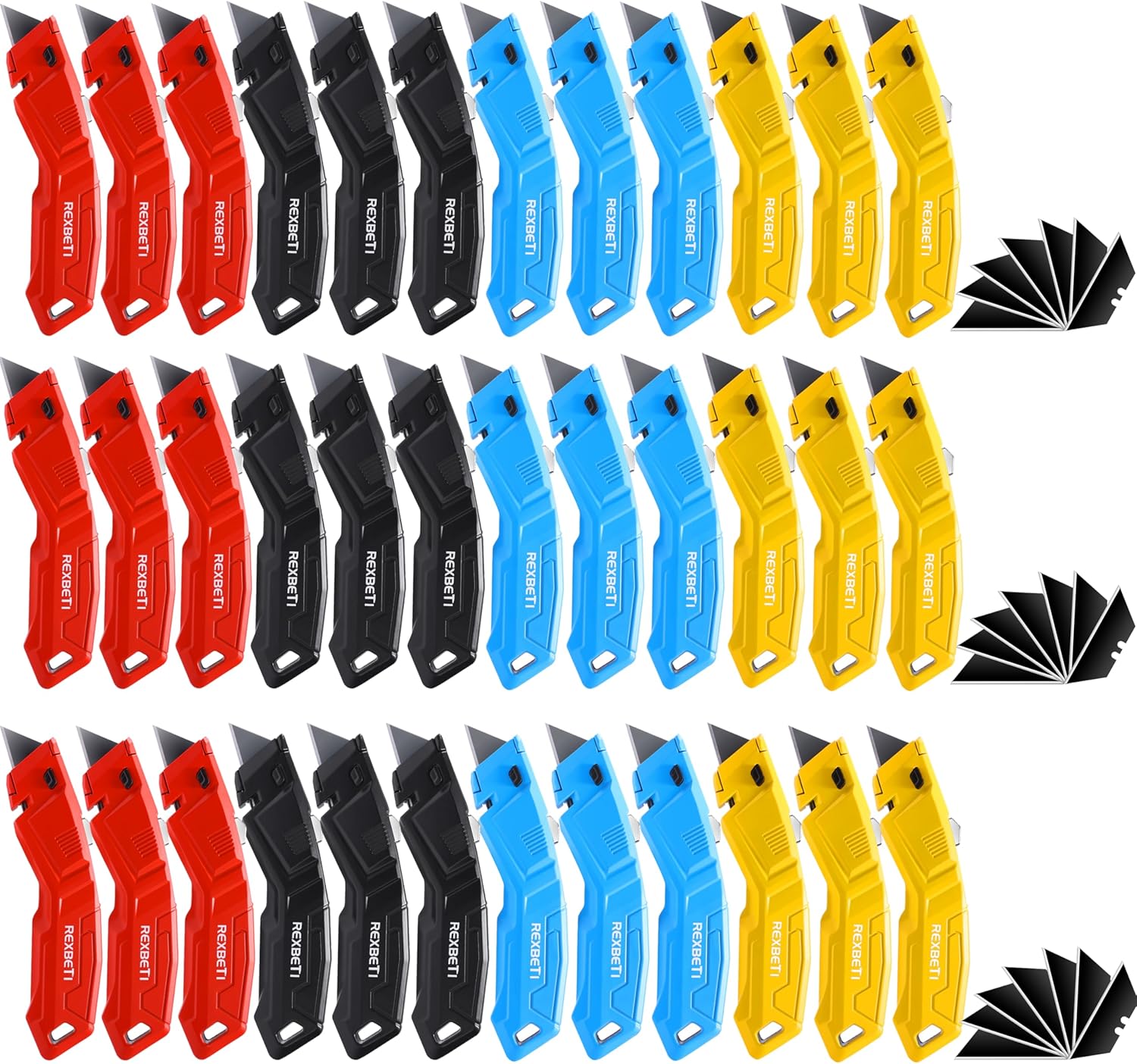 REXBETI 36 Pack Utility Knife Retractable Box Cutter, 4 Color Heavy Duty Aluminum Shell Knife Sets with Extra 30pc SK2 Blades for Cartons, Cardboard and Boxes