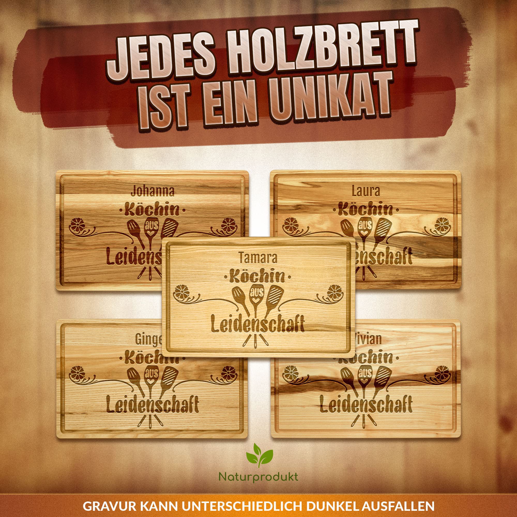 PR Print Royal Großes Holzbrett mit Gravur - Schneidebrett personalisiert - Köchin aus Leidenschaft - Geschenke für Hobbyköche zum Geburtstag | Eschenholz, 40 x 25 x 2 cm, personalisiertes Geschenk