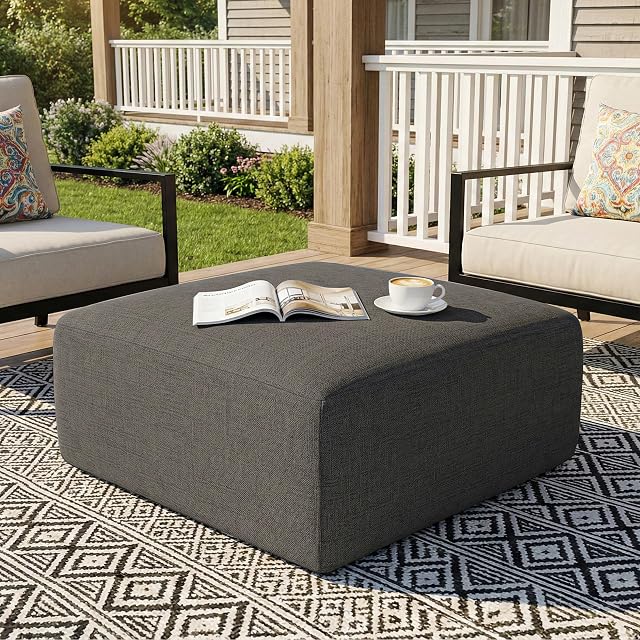 Living&Giving（WALKBON） Square Outdoor Ottoman Pouf, 24" Waterproof Patio Foot Rest, Dark Gray
