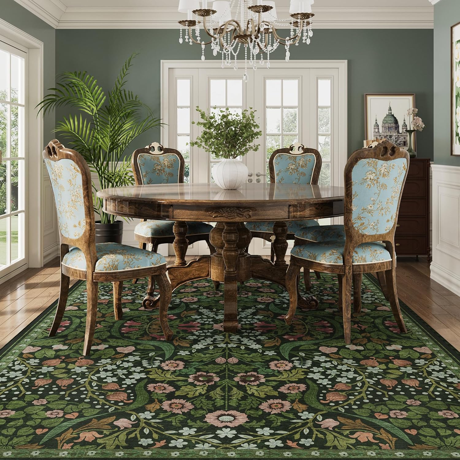 5x7 Green Floral Washable Area Rug for Living Room, Non-Slip Soft Vintage Boho Carpet, Botanical Forest Green Low Pile Rugs for Bedroom, Dinning Room, Home Office, Dorm, Nursery, Dark Green