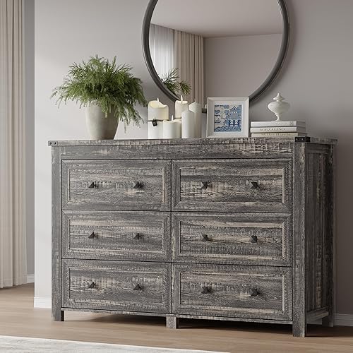 Miniatura 18 de Cómoda de 6 cajones, cofre de almacenamiento de madera moderno con cajones, soporte de TV para cómoda, organizador de cajones de madera con manijas