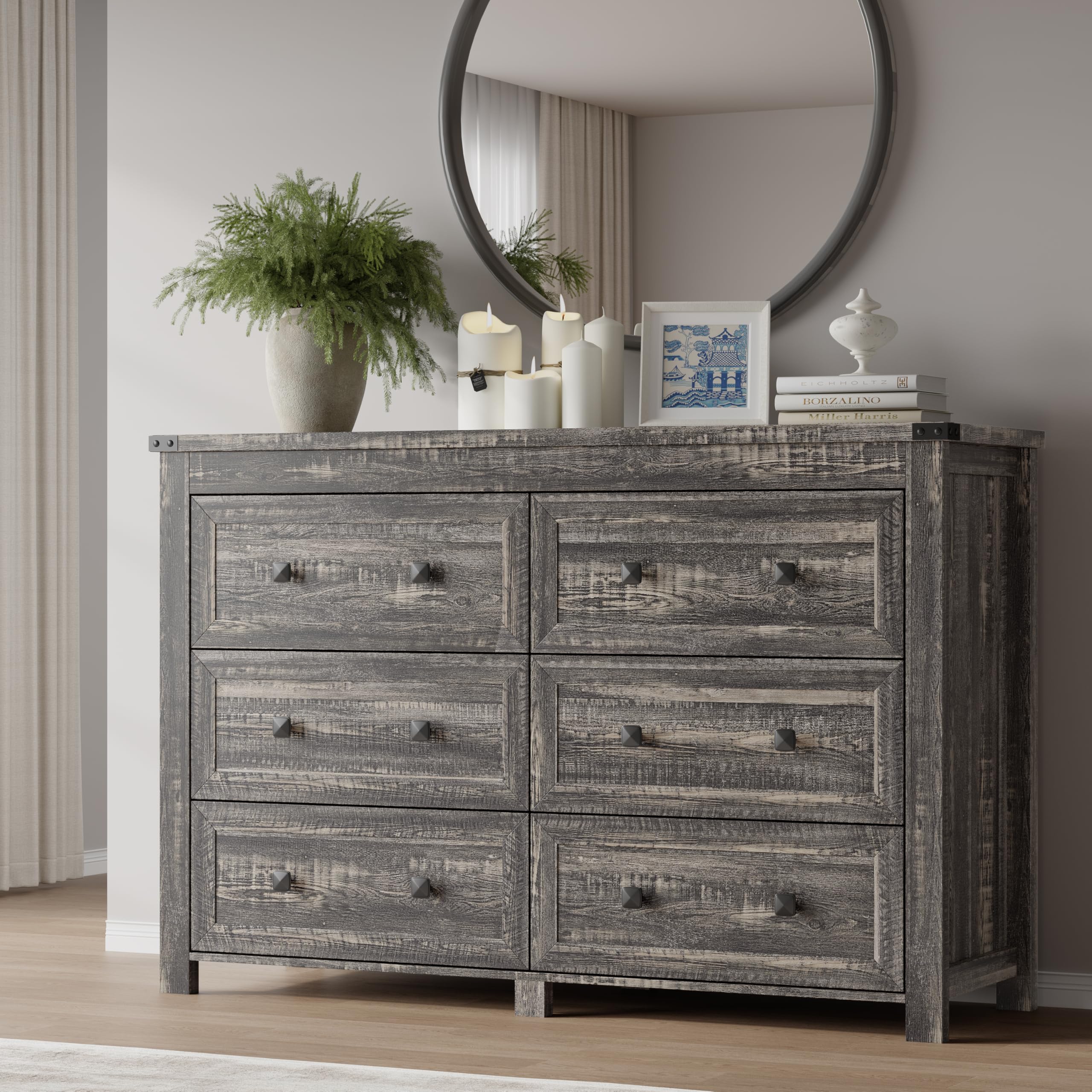 BORNOON 6-Drawer Dresser, Modern Wooden Storage Chest of Drawers, Dresser TV Stand, Wood Drawer Organizer with Metal Handles for Bedroom, Living Room, Hallway