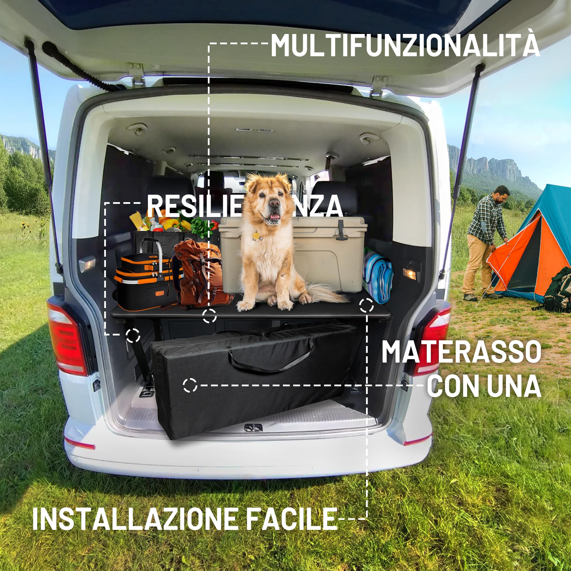 CHROMEMASTER | Compatibile con VW T6.1 2019+ Multivan; Set: Letto Pieghevole per Auto e Materasso per Auto, Materasso Pieghevole; Prolunga del Letto Multiflexboard, Tavolo; Accessori per Il Camper