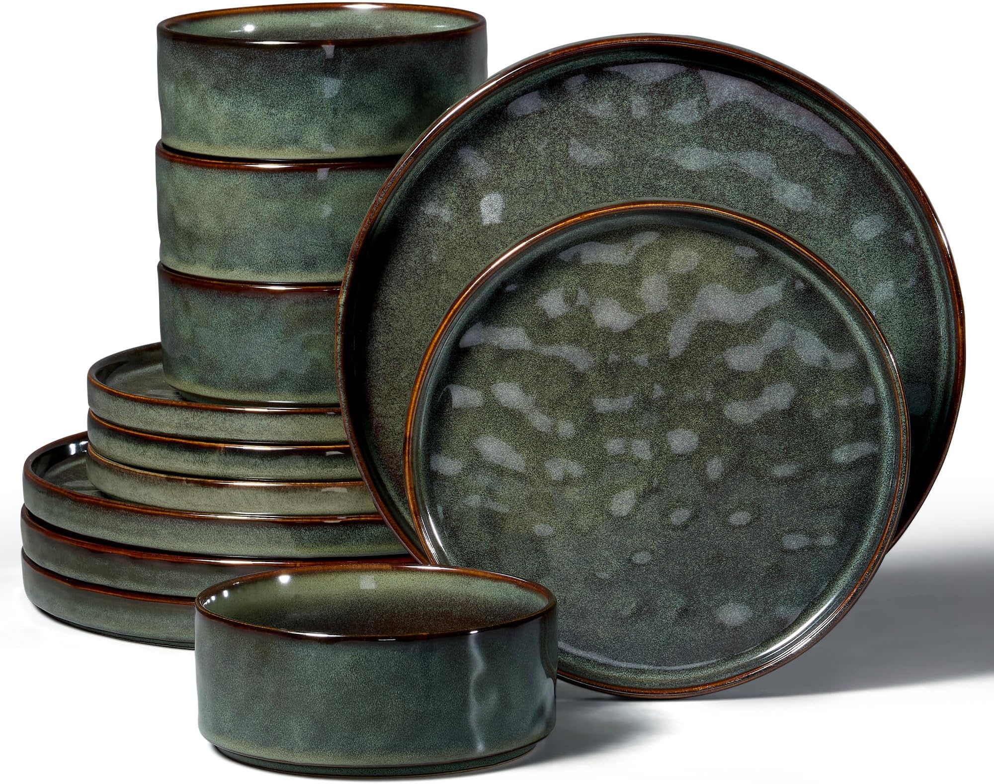 12 Piece Dinner Set, Stoneware Dinnerware Sets for 4 People, Reactive Glaze Dining Plates and Bowls, Microwave and Dishwasher Safe, Chip and Scratch Resistant, Moss Green