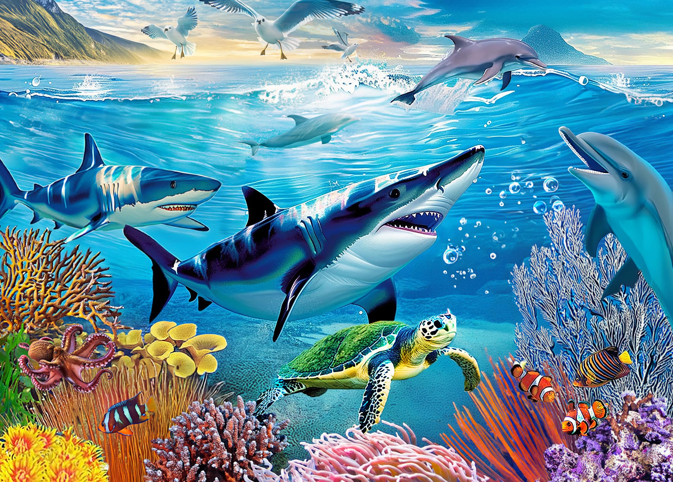 Large Piece 300 Piece Puzzle for Adults Seniors and Kids - Underwater World Ocean Marine Life - Sharks Dolphins Turtles Coral Seagulls