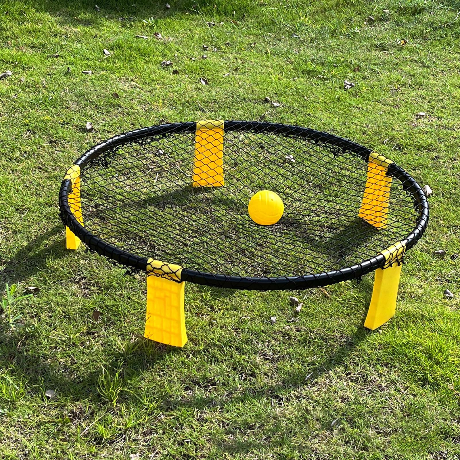 Profi Roundnet Set für Draußen Stabiles Outdoor Spieleset für Garten und Strand Tragbares Ballspiel für Erwachsene und Kinder inklusive Netz 2 Bälle Pumpe und Tasche Gelb