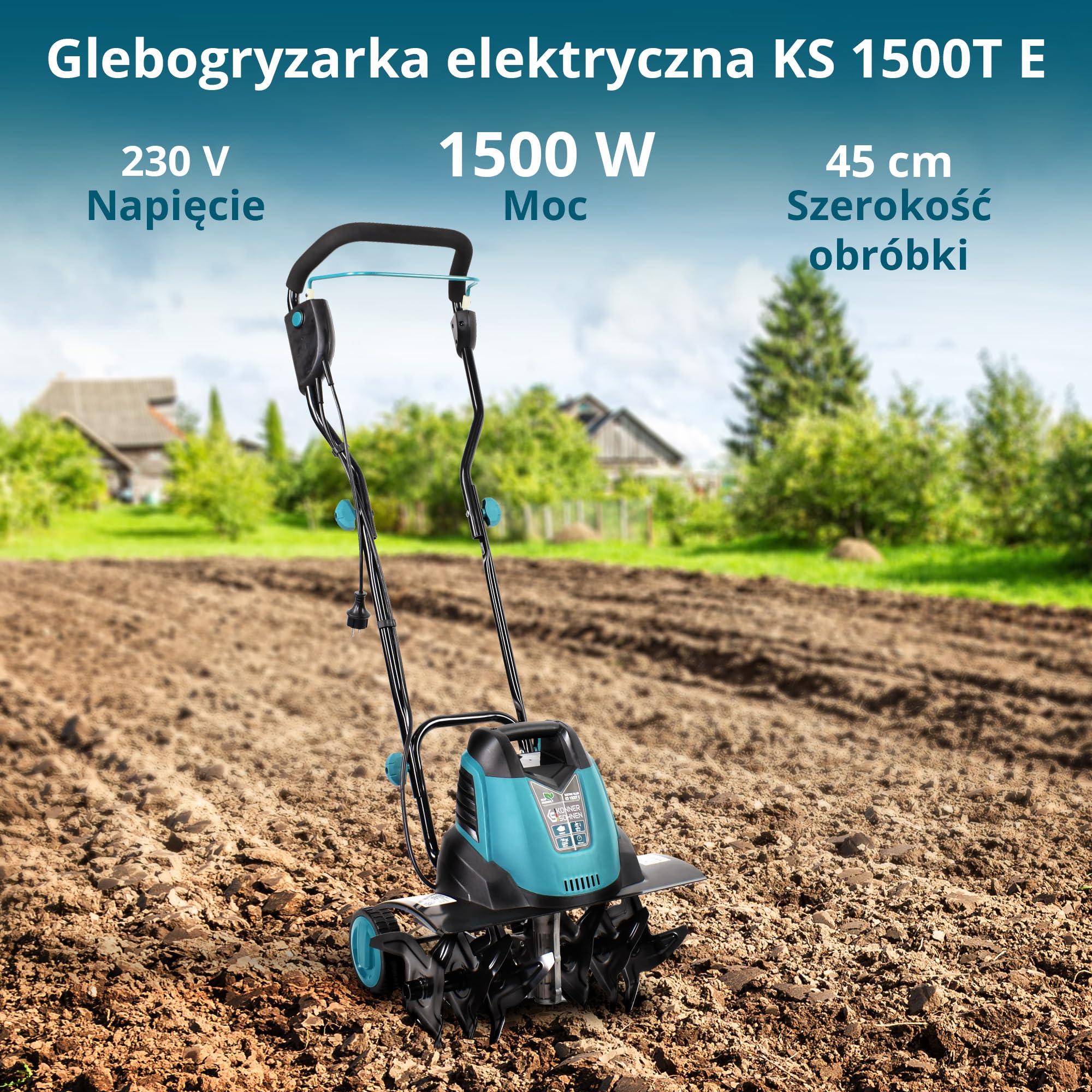 Könner & Söhnen Glebogryzarka Elektryczna KS 1500T E, Kultywator Ogrodowy moc silnika 1000 W, szerokość robocza do 45 cm, głębokość do 22 cm