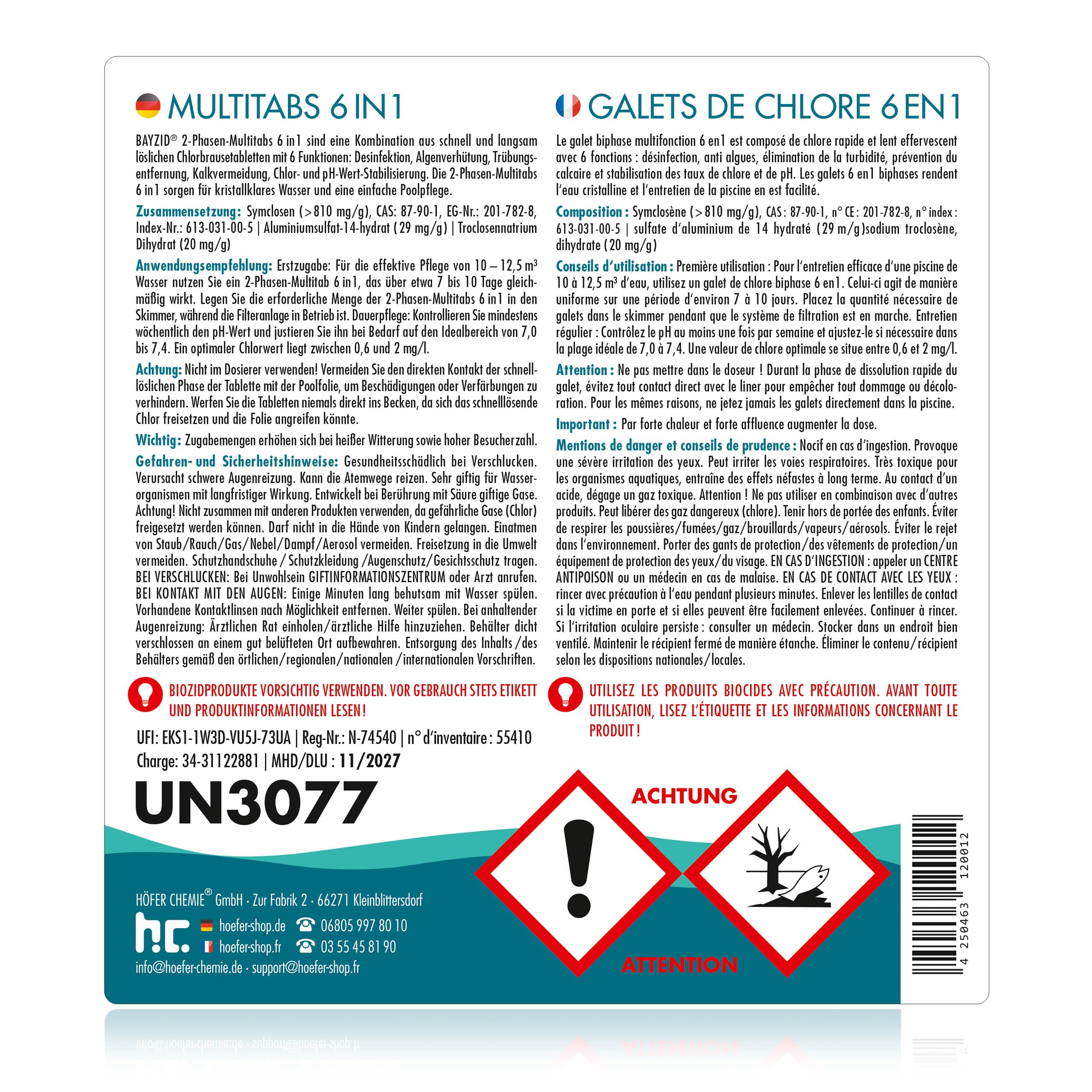 Höfer Chemie Galets de Chlore 1 x 5 kg pour Piscine à Dissolution Lente (200g) - Chlore Multifonction 6 en 1 pour Une Désinfection Régulière et Efficace