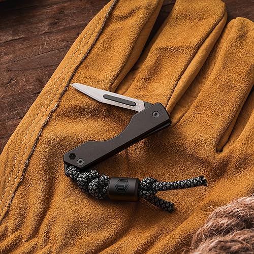 Vista 25 de KeyUnity KK01 Cuchillo plegable de titanio, cuchillo de bolsillo EDC con hoja reemplazable #24, para caza al aire libre, campamento, pesca, PVD Negro