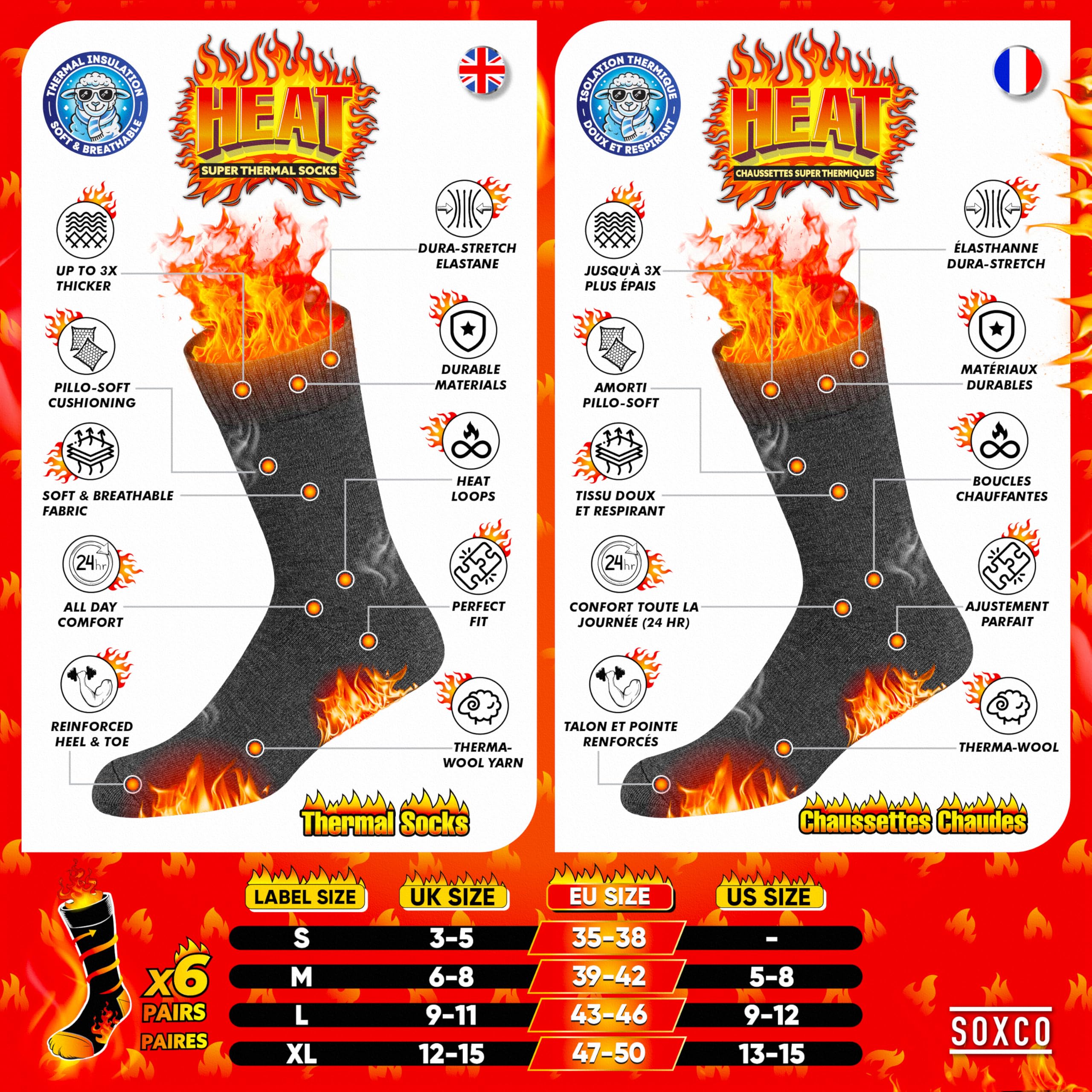 SOXCO Calze Termiche per Uomo e Donna - Calze Invernali Calde, Confezione da 6 Paia