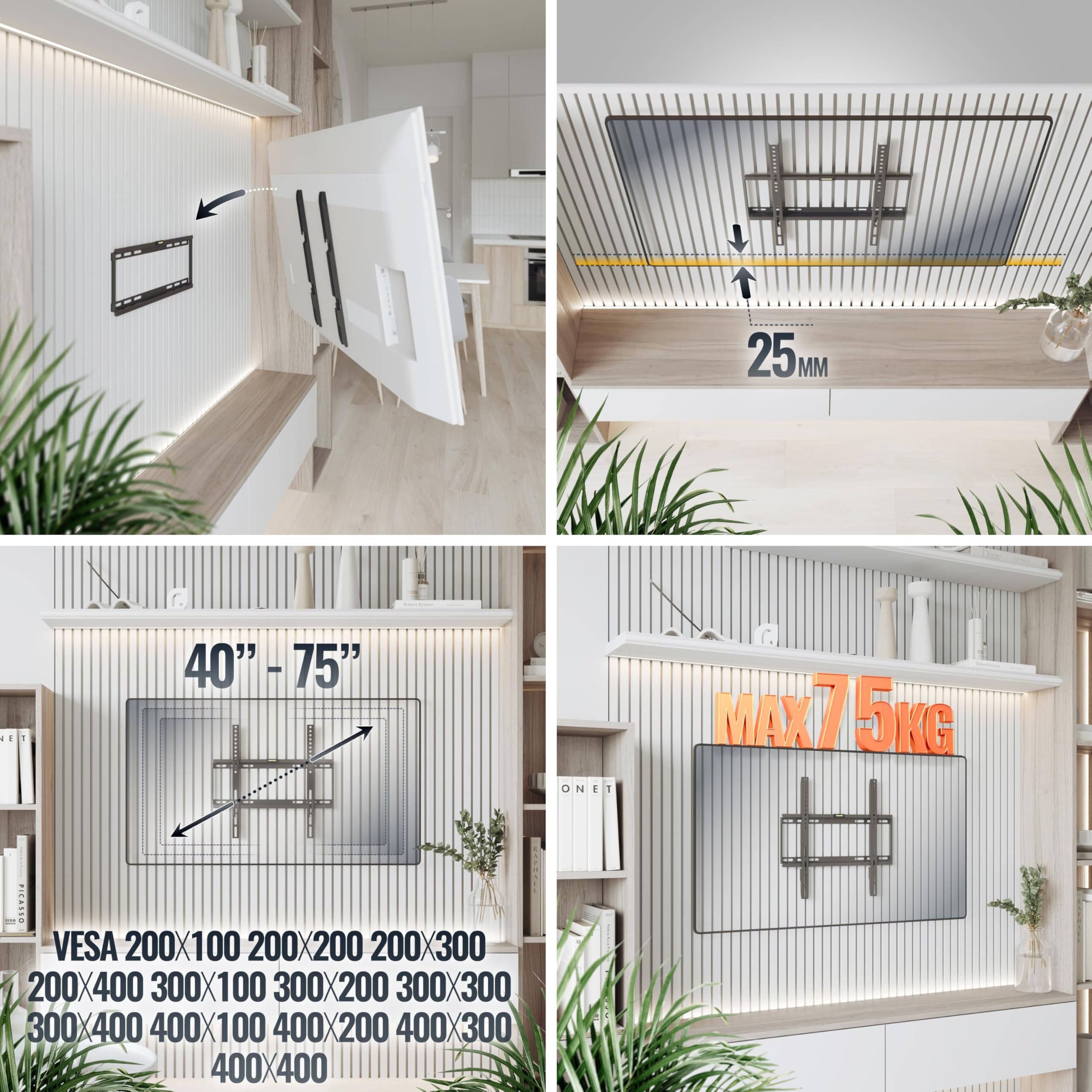 RICOO Supporto TV parete F0144 Fisso Ultra-sottile Televisore 26-55" (66-140 cm) Staffa universale Televisione LED/LCD/Curvo VESA 200 x 200-400 x 400