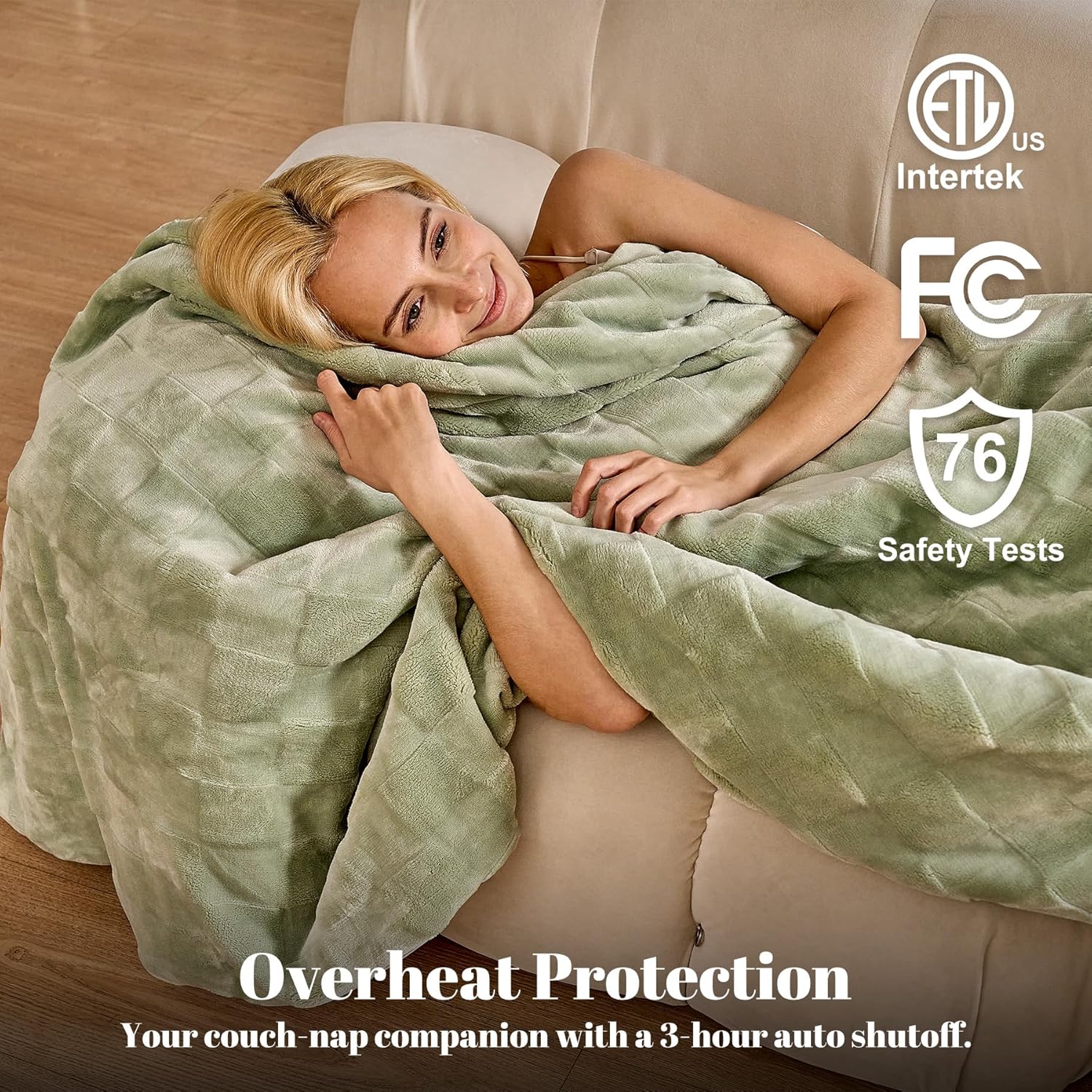 IUUI Heated Blanket Electric Queen Checkered- 84x90 Inches Soft Flannel Heating Blanket,Fast Heating Blanket 6 Heating Levels & 2 Hours Auto Off ETL Certification (Sage Green, Queen 84" x 90") - Image 3