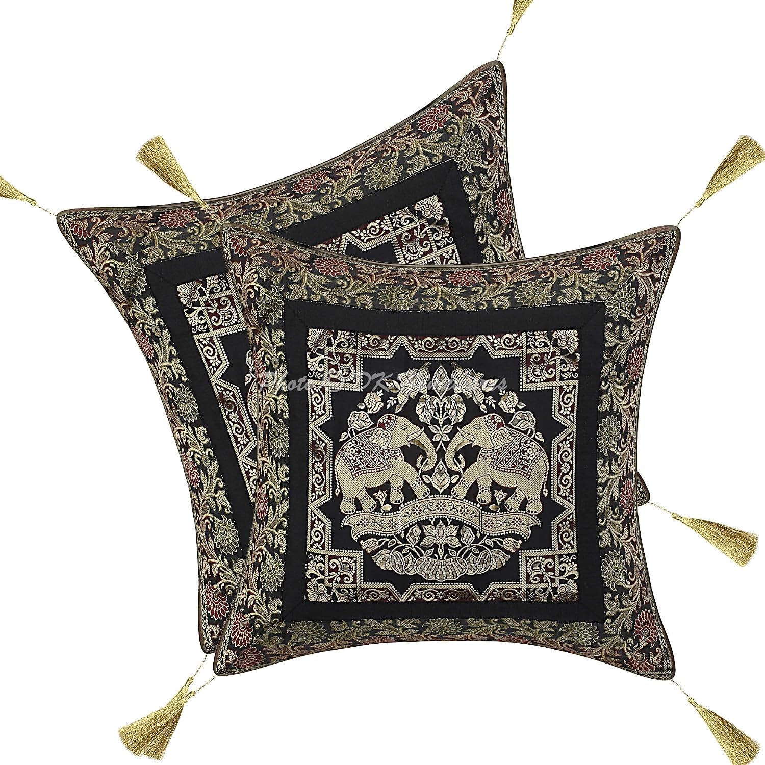 Decorative Throw Pillow Covers 18x18 Inch Brocade Jacquard Weave Indian Square Elephant Cushion Covers (Size - 45x45 cm ; Color: Black & Gold) - Set of 2 Pcs (Cover Only)