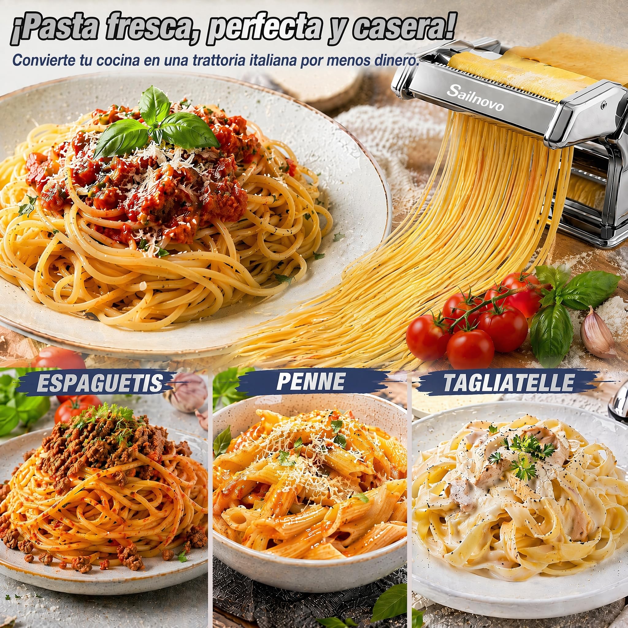 Sailnovo Maquina Para Hacer Pasta, 180 aleación de aluminio Maquina Pasta Fresca, con 9 Ajustes de espesor ajustables y 2 máquinas de corte, Maquina Pasta es muy adecuado para pasta(Plata)