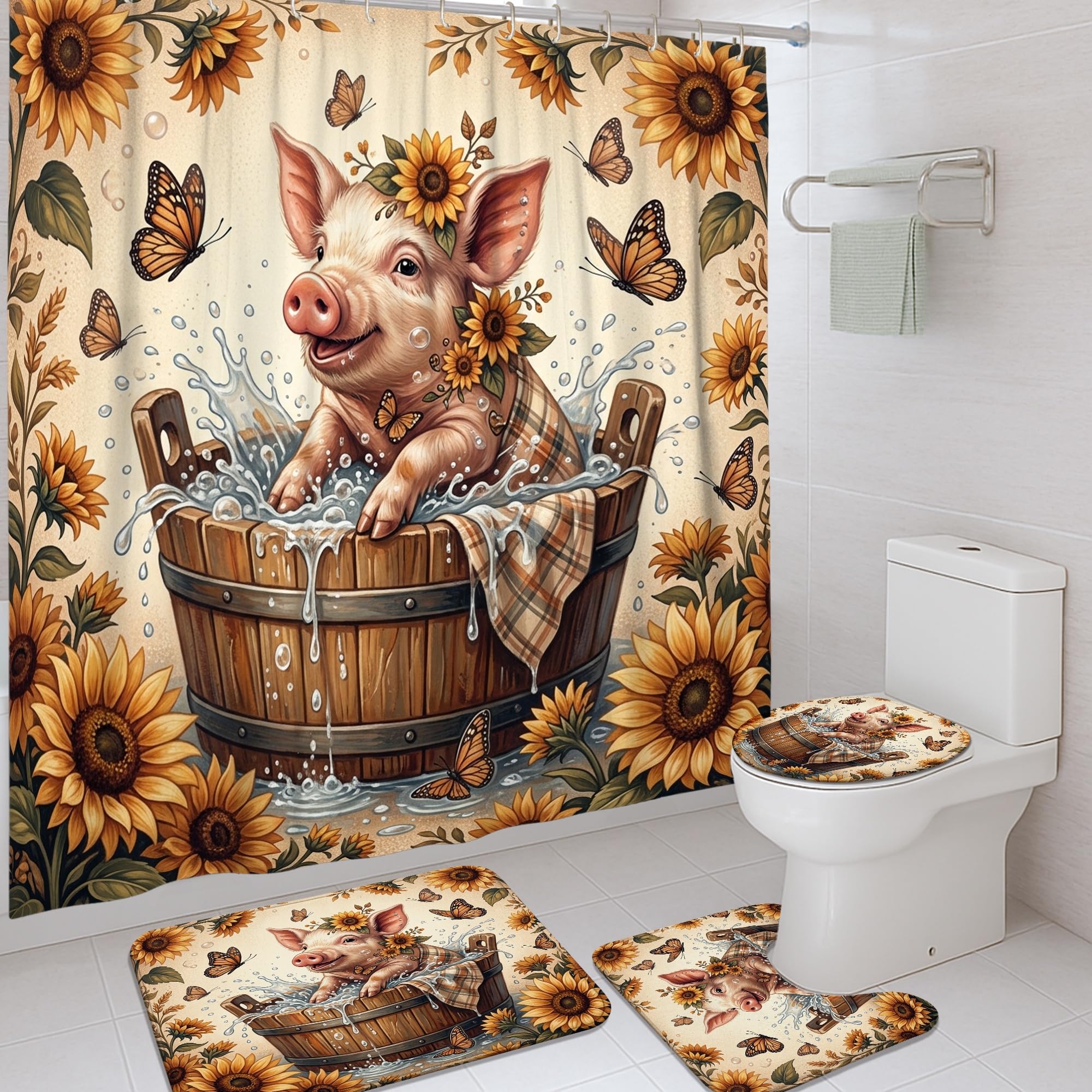 Rideau de douche cochon et tournesol avec tapis pour déco de salle de bain champêtre