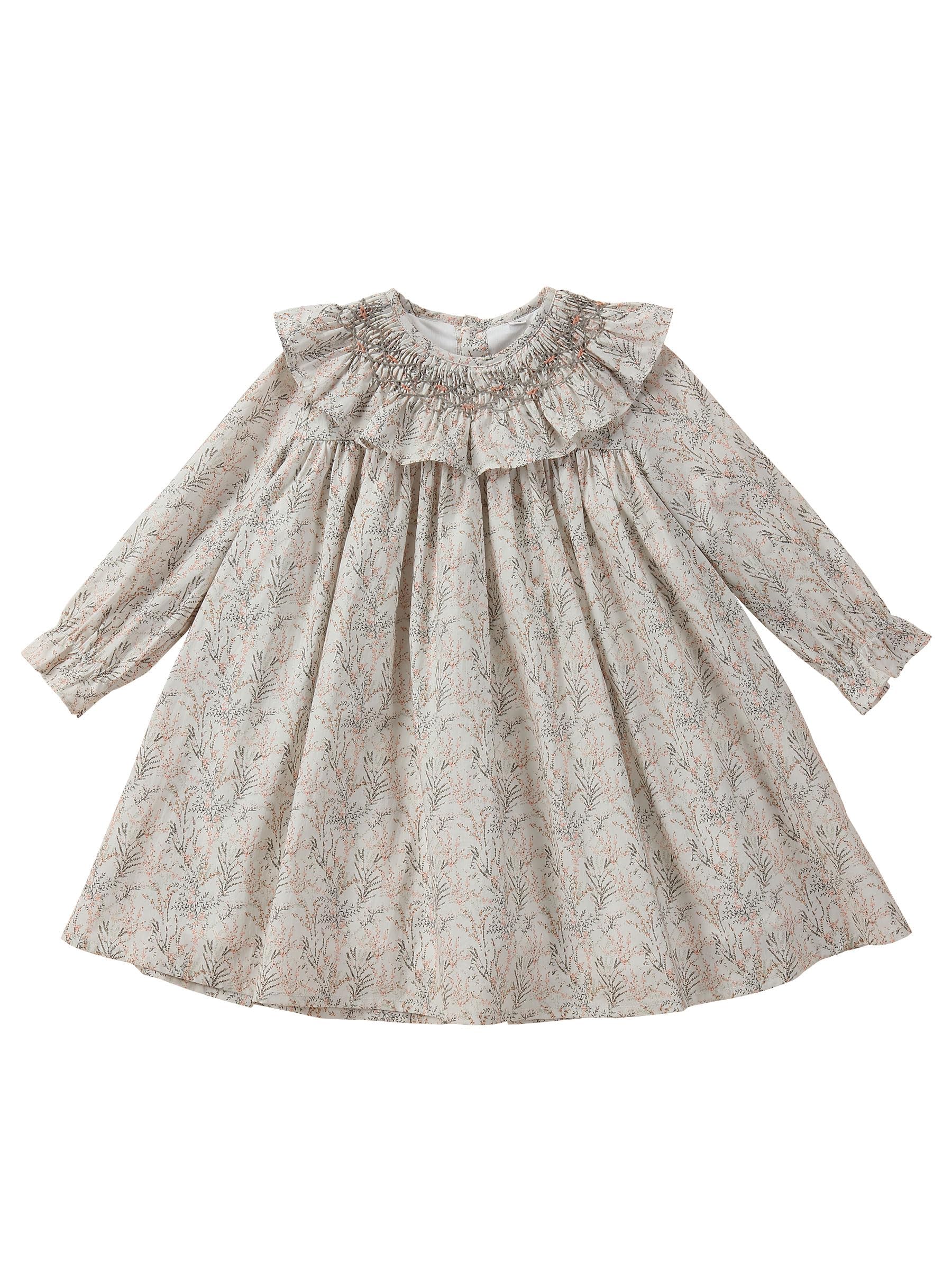 Baby Girls Long Sleeve Smocking Clothing Toddler Fall Floral Smocked Dress Vintage Dresses for Easter Birthday Holiday (US, Age, 12 Months, Beige)