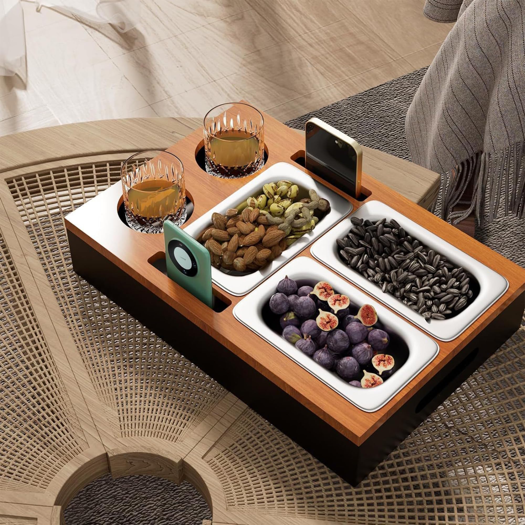 YUEMING Caja de aperitivos para sofá, bandeja de sofá de madera con cuencos de acero inoxidable, bandeja de servir para sofá, estante para sala de estar, dormitorio, jardín, camping