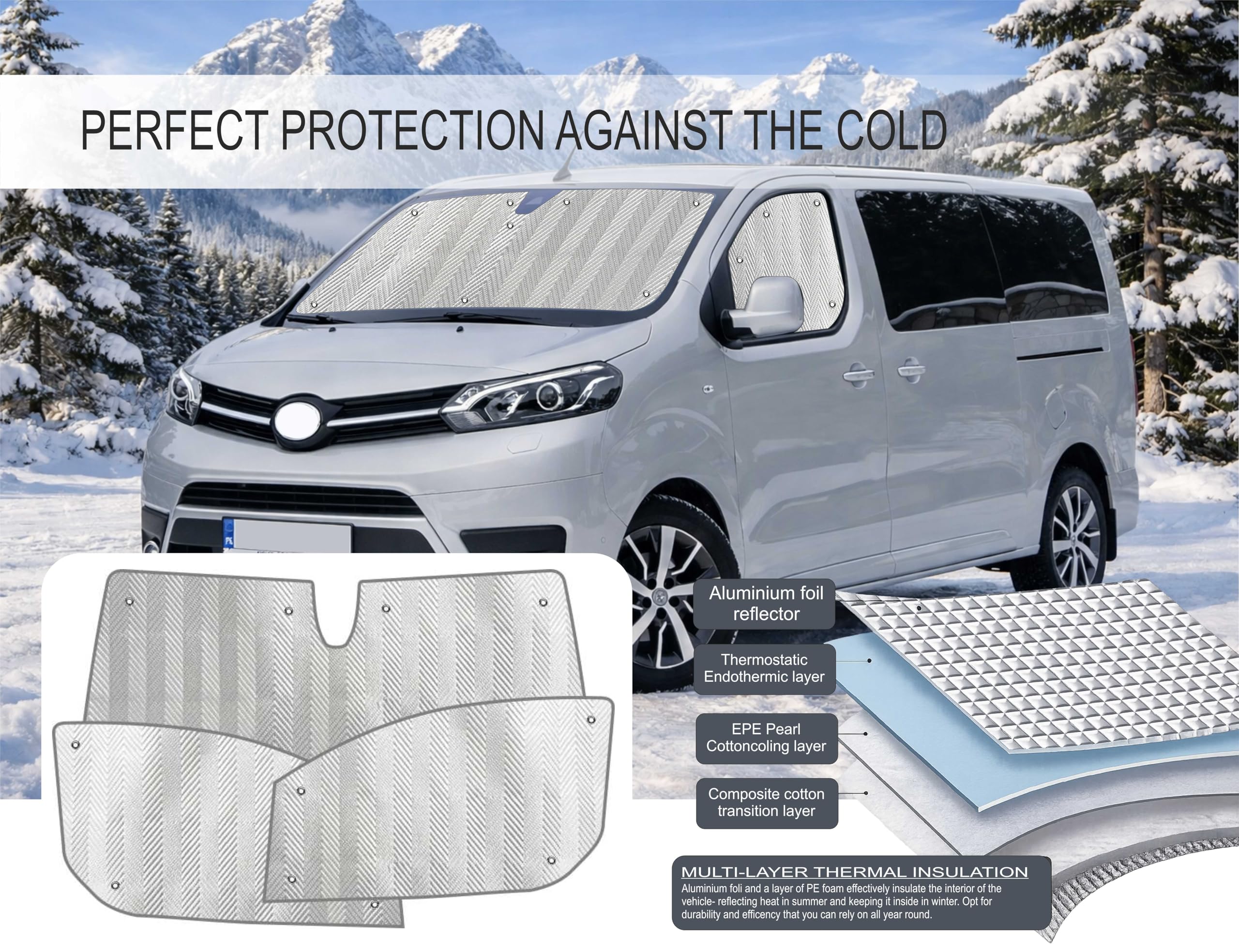 MJS Interne Thermo-Windschutzscheiben- und Fensterabdeckungs-Set, kompatibel mit Fiat Scudo, Fiat Ulysse, Peugeot, Expert, Peugeot Traveller 2016–2026 (3 Stück), Wohnmobil, Fahrerhaus, Fenster