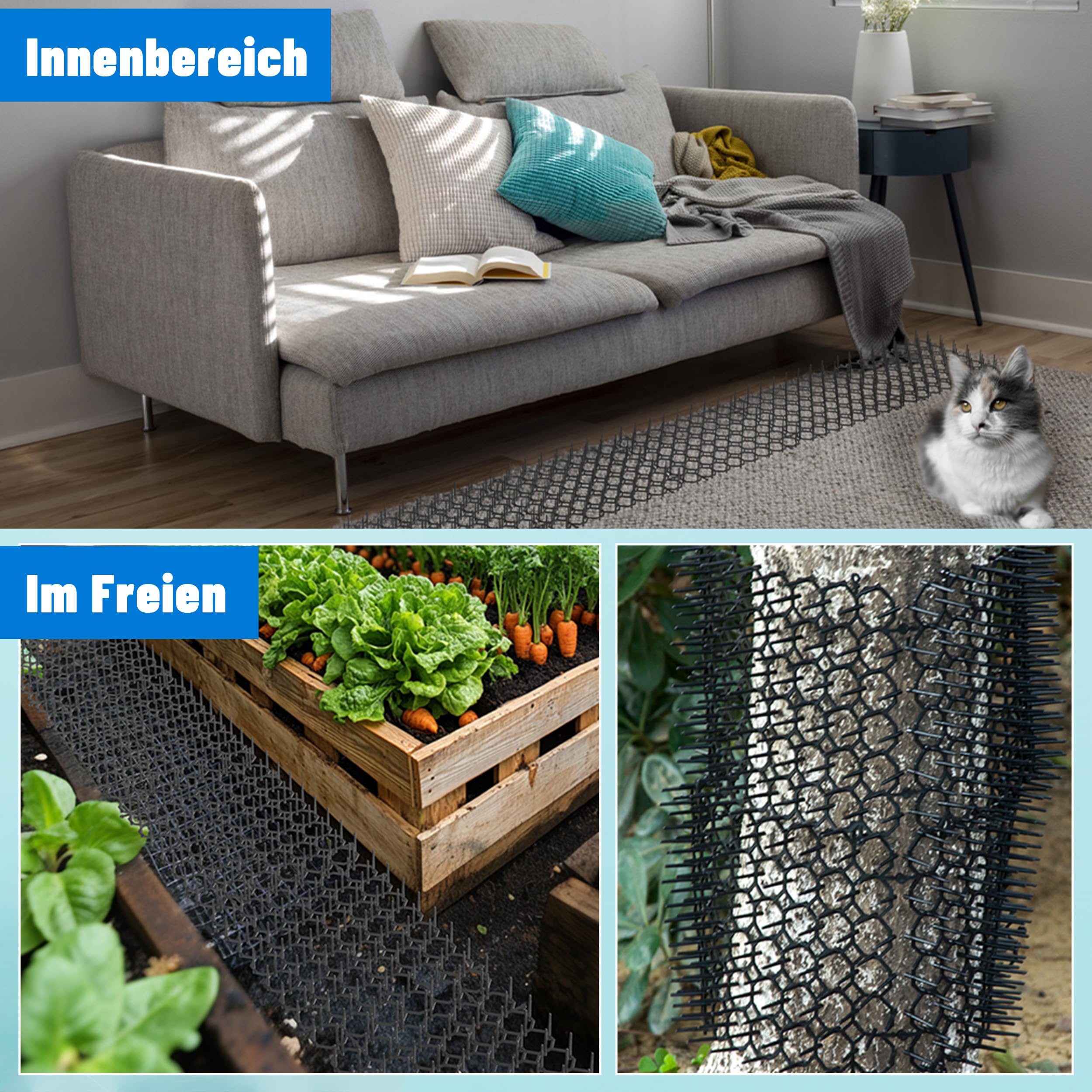 Katzenmatte mit Kunststoff-Spikes, Katzenschreck, Kratzmatte für Katzen, Schädlingsstreifen, zum Graben, 24 Stück, inkl. 10 Heftklammern und 10 Reißverschlussbänder