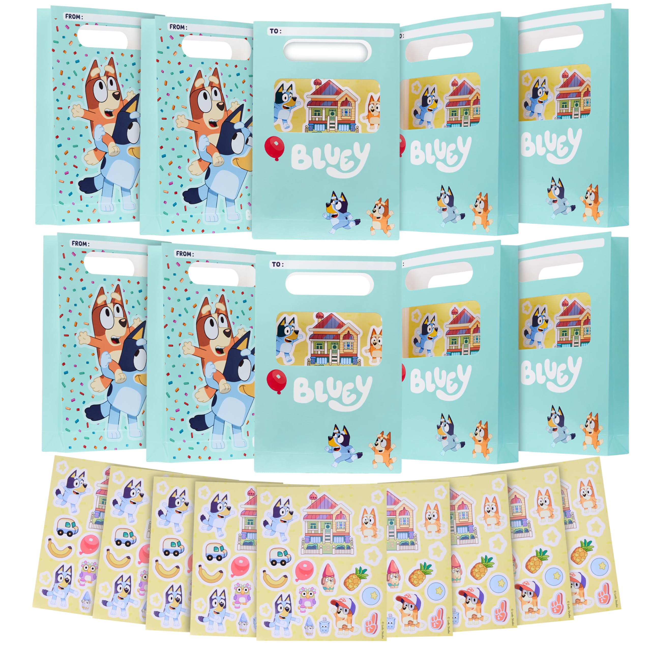 Bluey Party Bags - 10 Pcs Gift Bags with Sticker Sheet, Kids' Party Favours for Birthday Party