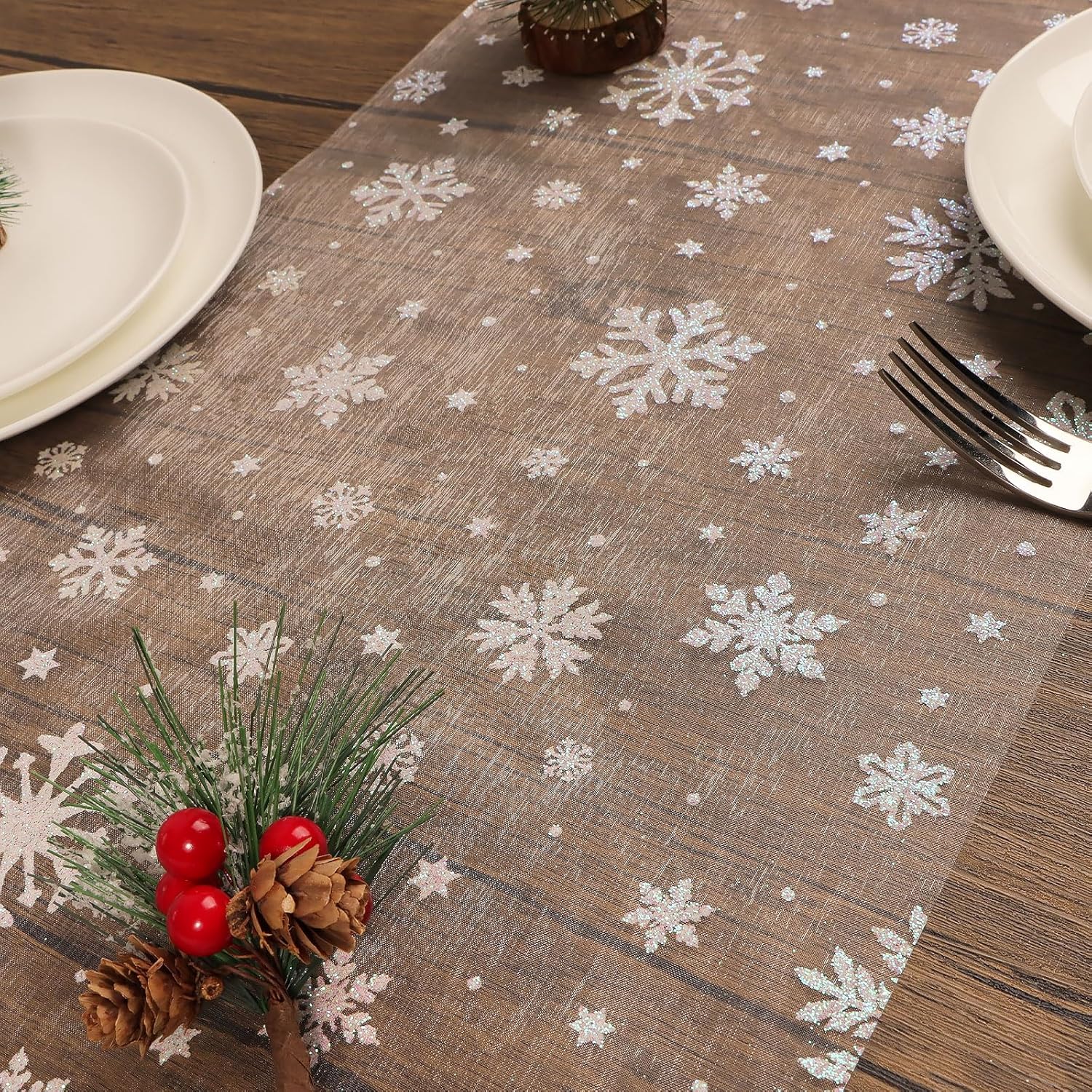 11 Inches 10 Yards Christmas Table Runner White Glitter Snowflakes Star