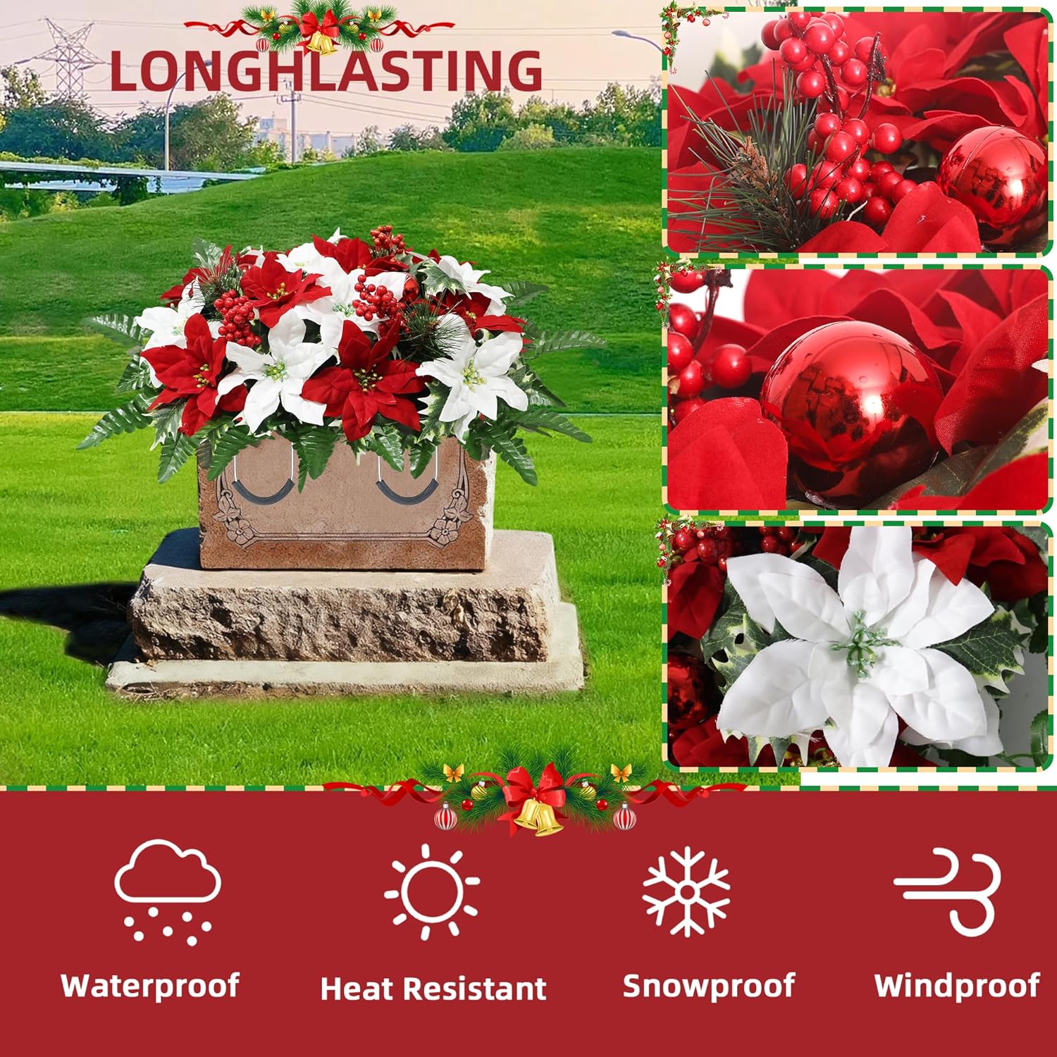 Lodou Christmas Cemetery Flowers Saddle - Red Poinsettias & Berries Plastic Grave Memorial Decor, Fade-Resistant for 60-90 Days, Weatherproof (Red White)