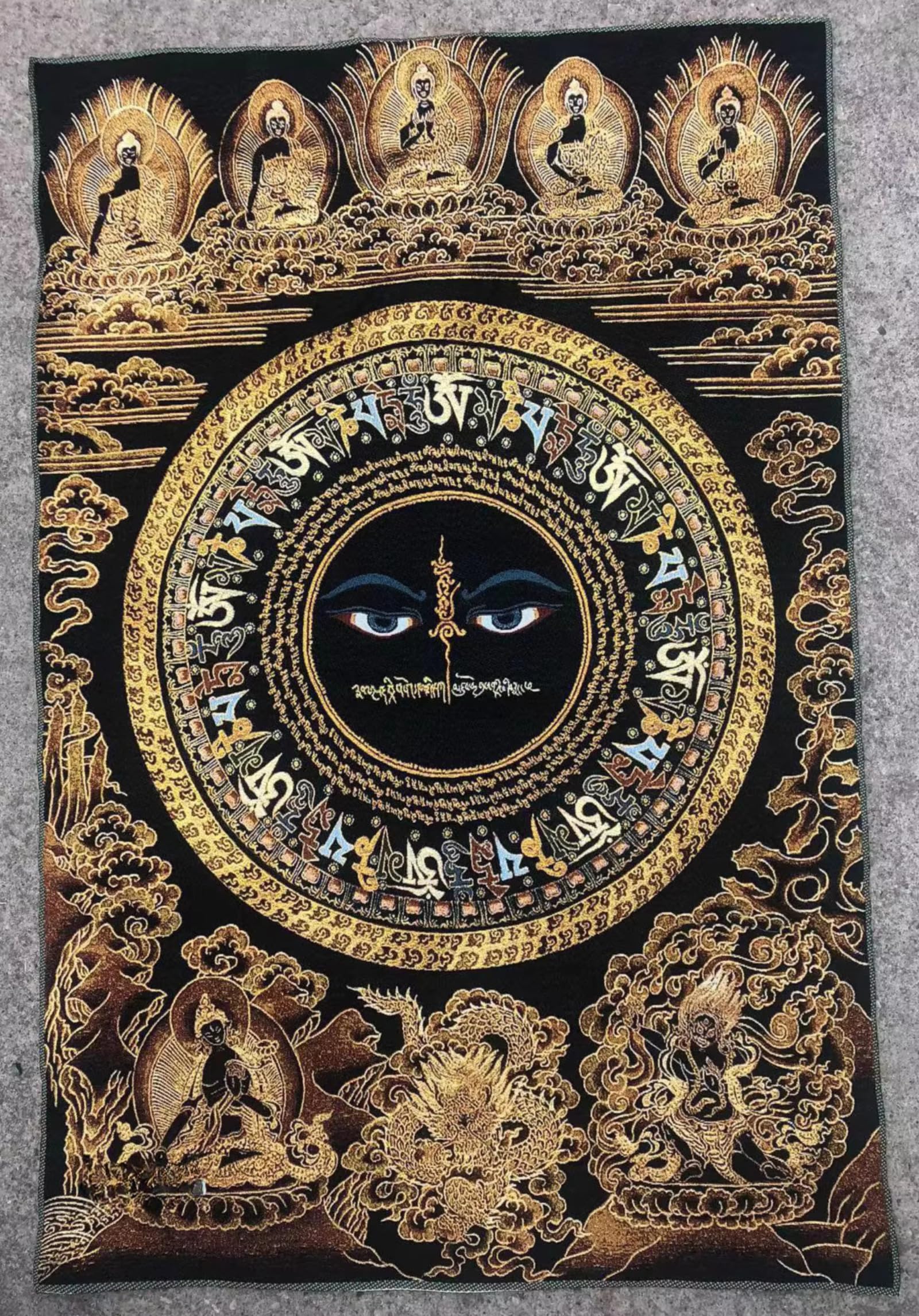 FENNYYAR Tibetische Wandmalerei mit sechs Charakteren, Mantra, Thangka-Stickerei, Brokat, Tibet, 90 cm, Eingangshalle, tibetische Wandmalerei